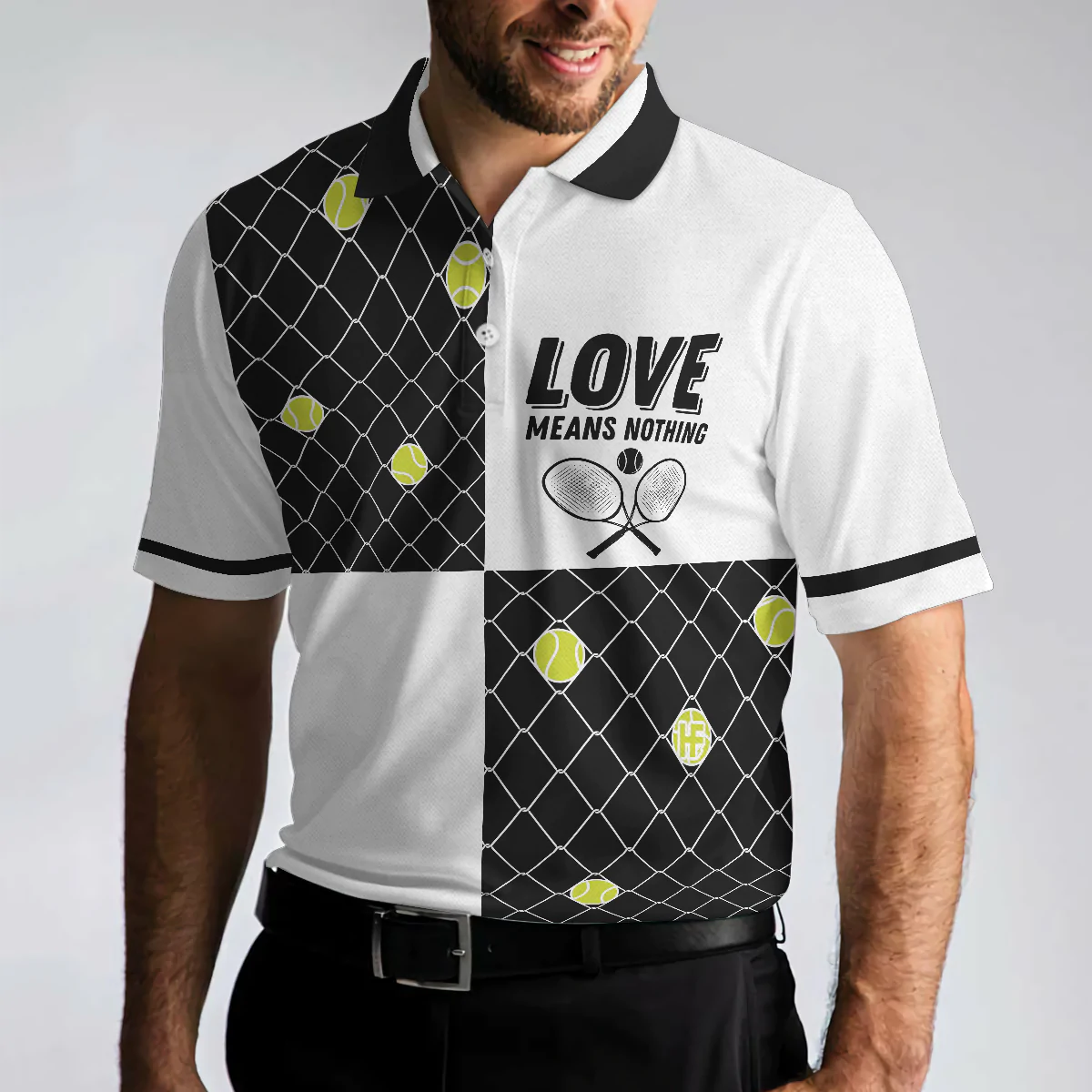 Men Polo Shirt - Love Means Nothing Tennis Polo Shirt - Gift For Tennis player - Tennis Ball Stuck In Steal Wire Fence Polo Shirt