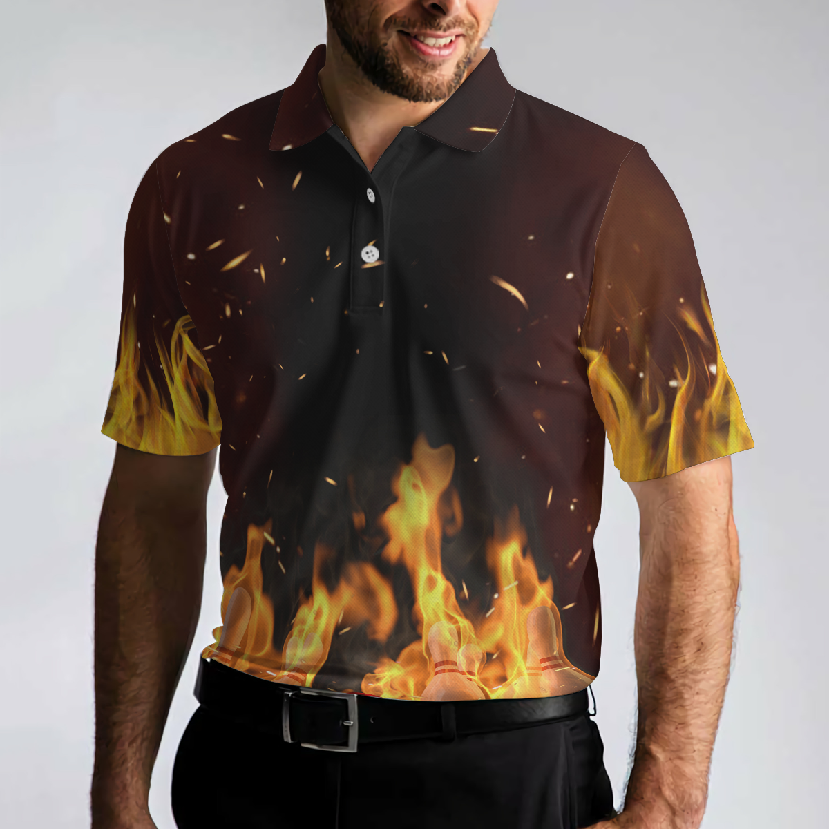 Bowling Men Polo Shirt - Bowling Pin With Fire Polo Shirt, Bowling Polo Shirt For Men - Perfect Gift For Friend, Family, Bowling Lovers