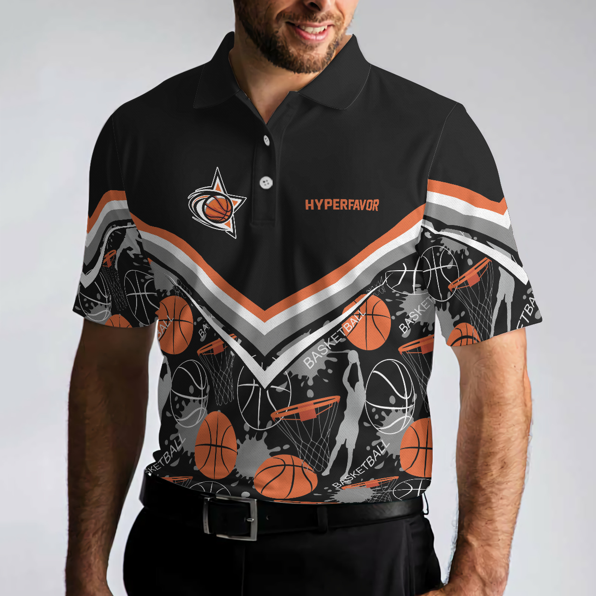 Basketball Pattern Men Polo Shirt, Black Basketball Polo Style Shirt For Basketball Lovers, Basketball Gift