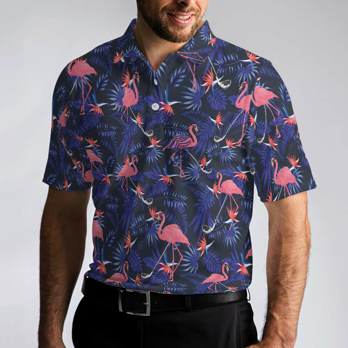 Flower And Flamingo Golf Polo Shirt, Blue Flamingo Pattern Shirt For Golf Players, Gift For Flamingo Fans