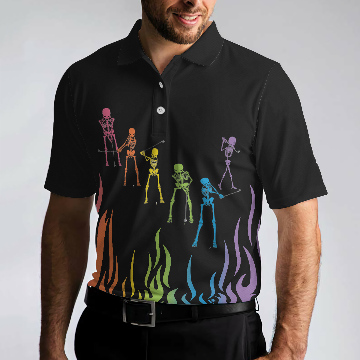 Skeleton Playing Golf Polo Shirt, Rainbow Pallette Fire Golfing Polo Shirt, Cool Golf Shirt For Men - Perfect Gift For Men, Golfers