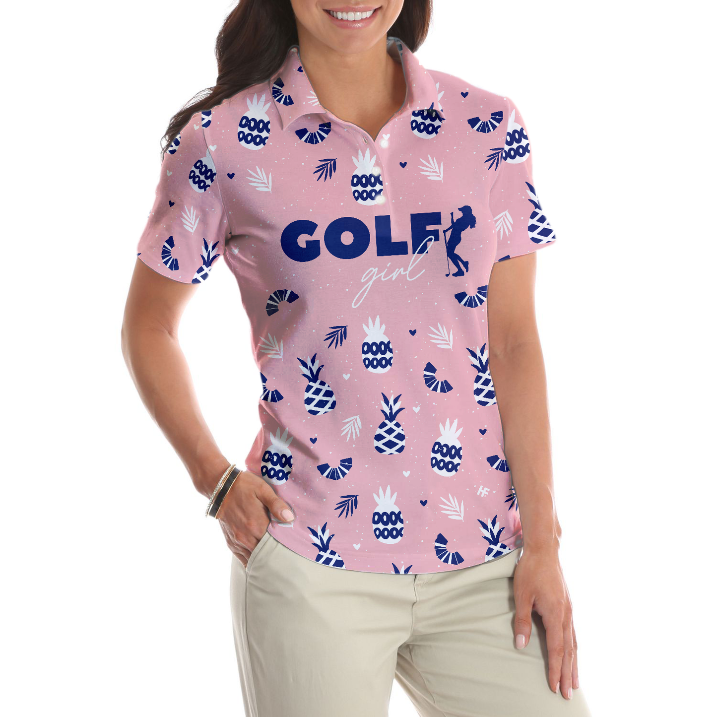 Golf Girl Summer Pattern Short Sleeve Women Polo Shirt, Pink Golf Shirt For Ladies, Unique Female Golf Gift