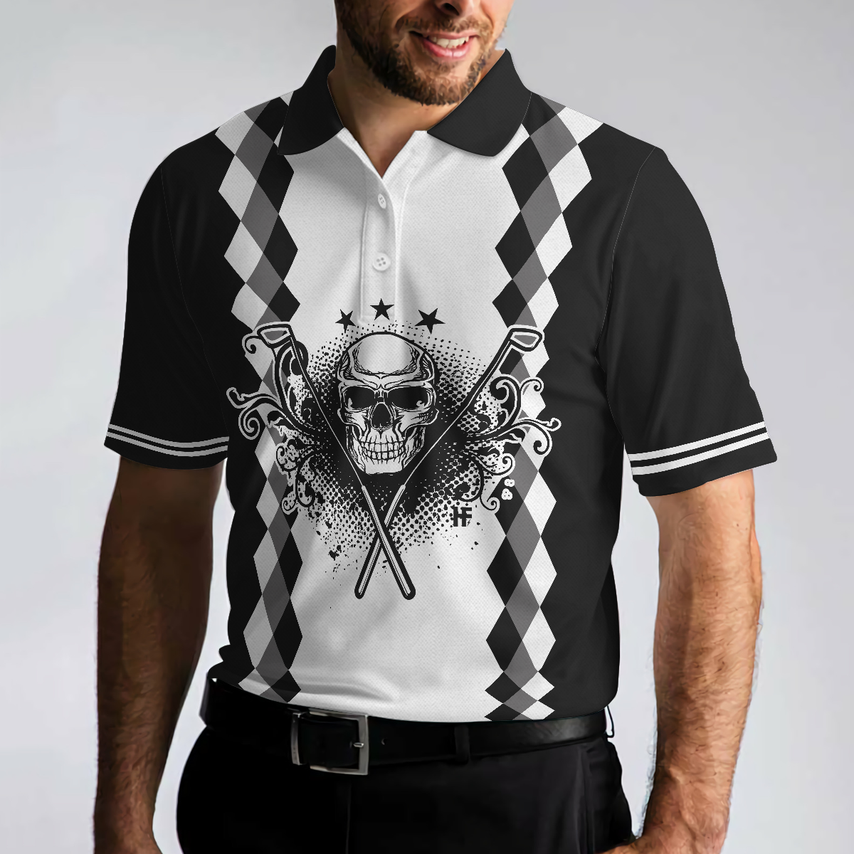 Black And White Argyle Pattern Skull Golf Men Polo Shirt, Grandpa Is My Name Golf Is My Game Golf Shirt For Men