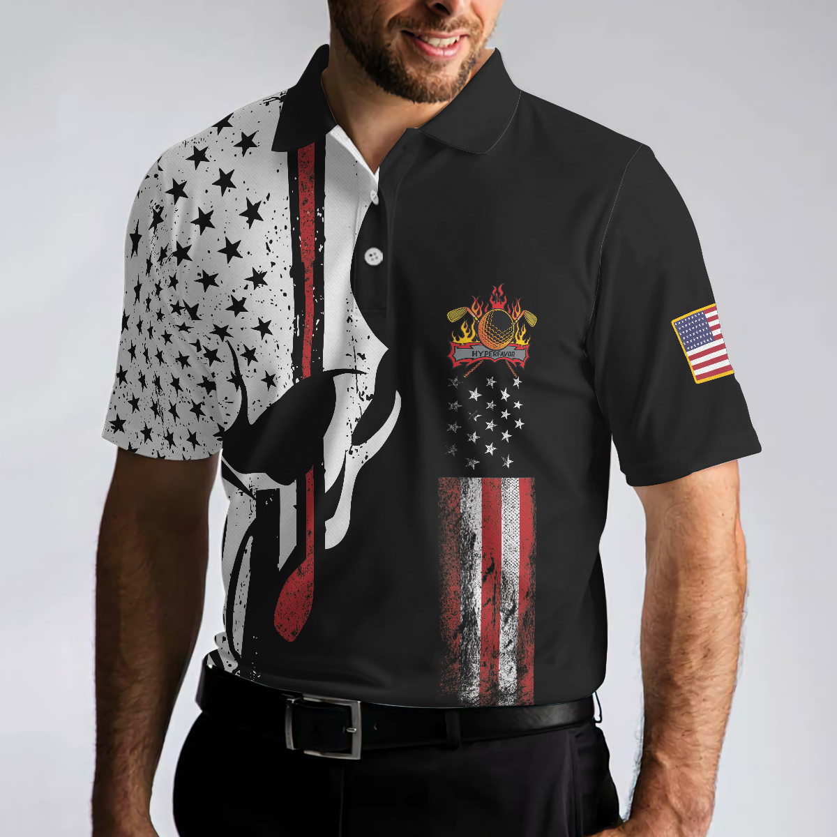 Skull American Flag With Golf Club Polo Shirt, Black And White American Flag Polo Shirt, Patriotic Golf Shirt For Men - Perfect Gift For Men, Golfers