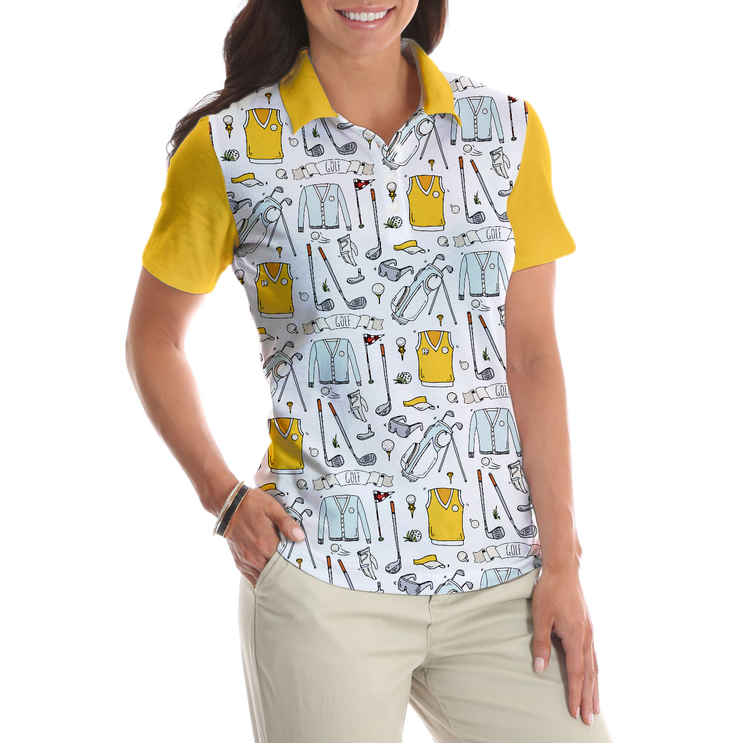 Golf Symbol And Golf Life In Yellow Short Sleeve Women Polo Shirt, Best Golf Shirt For Ladies