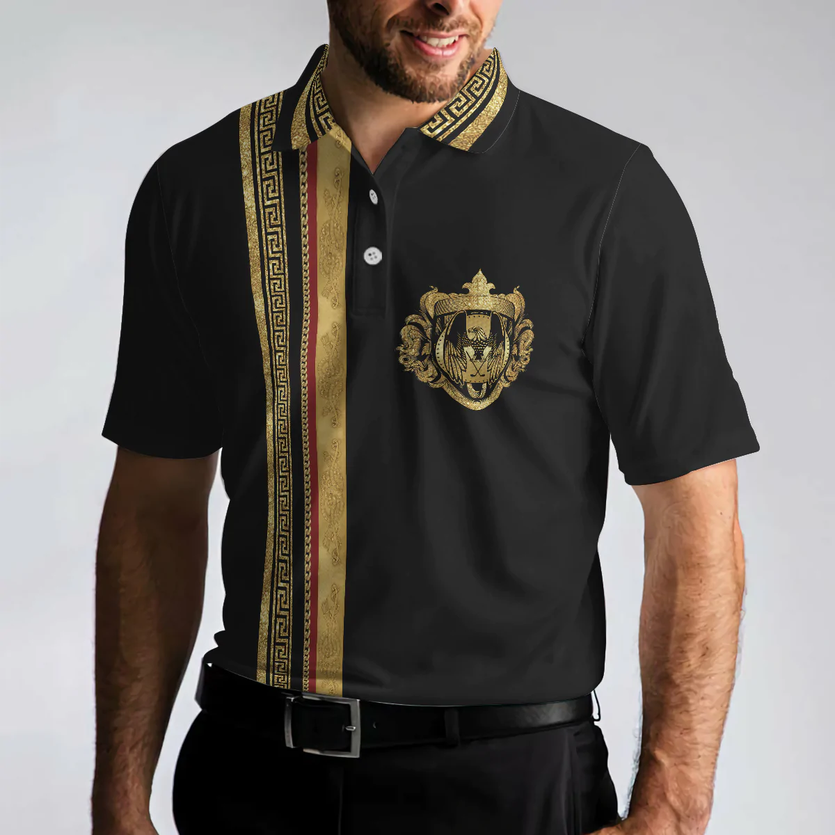 Men Polo Shirt - Luxury Baroque Pattern Golf Polo Shirt - Golden Greek Key Pattern Polo Shirt, Best Golf Shirt For Men