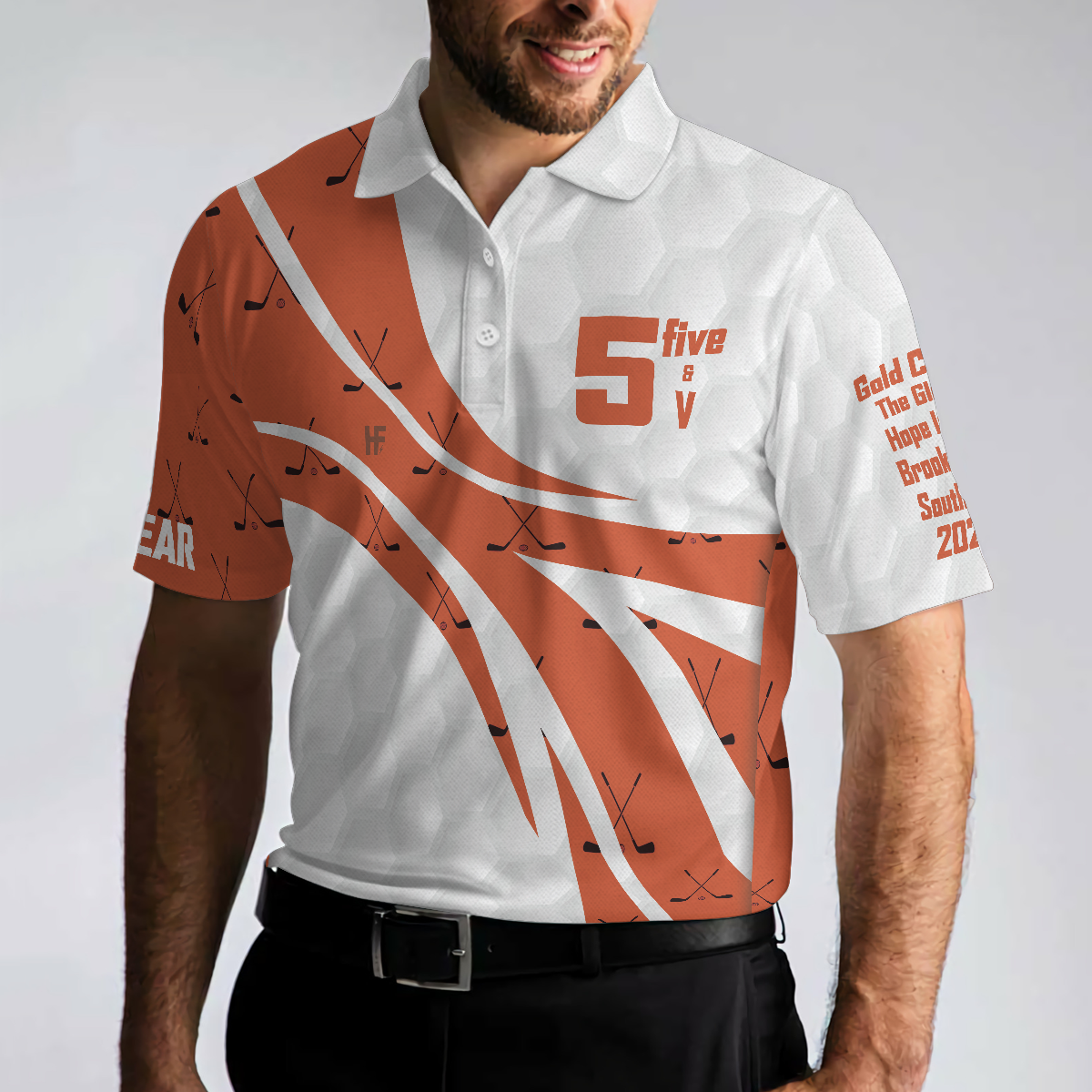 Golf Men Polo Shirt, 5 Five & V Orange Golf Polo Shirt, Best Gift For Golf Lovers