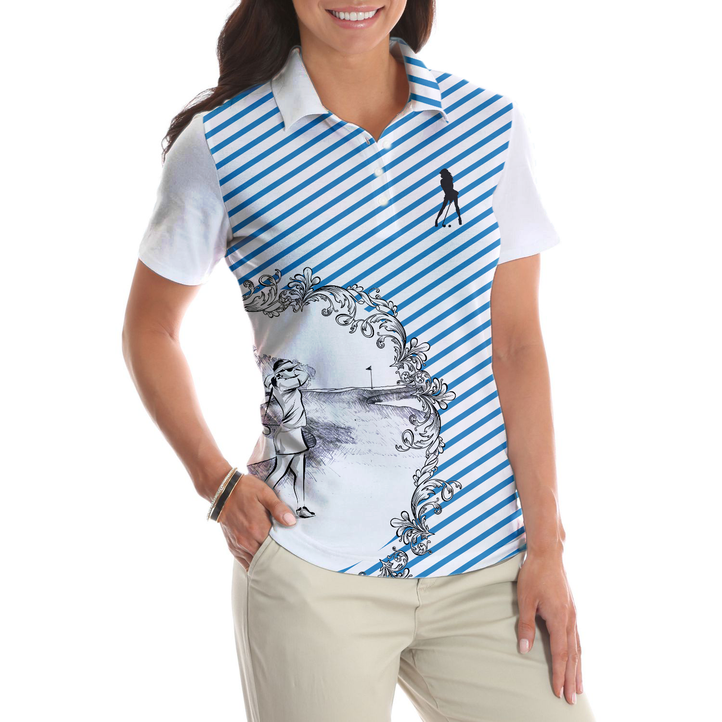 Women Polo Shirt - Blue Striped And Sketching Golf Girl Golf Short Sleeve Women Polo Shirt, Best Gift For Female Golfers