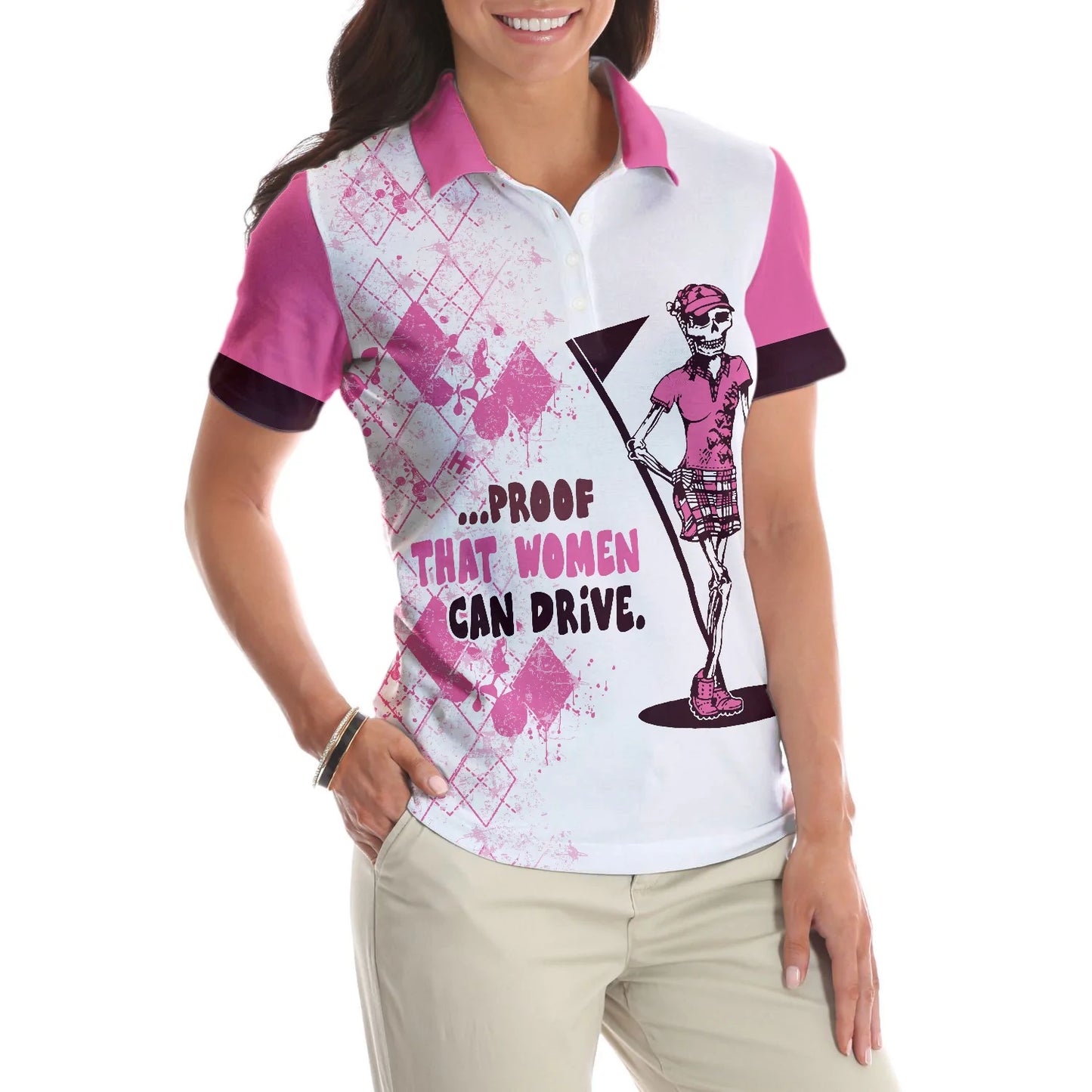 Ladies Mrs. Bones Golf Pink Argyle Pattern Short Sleeve Women Polo Shirt, Proof That Women Can Drive White And Pink Golf Shirt For Ladies