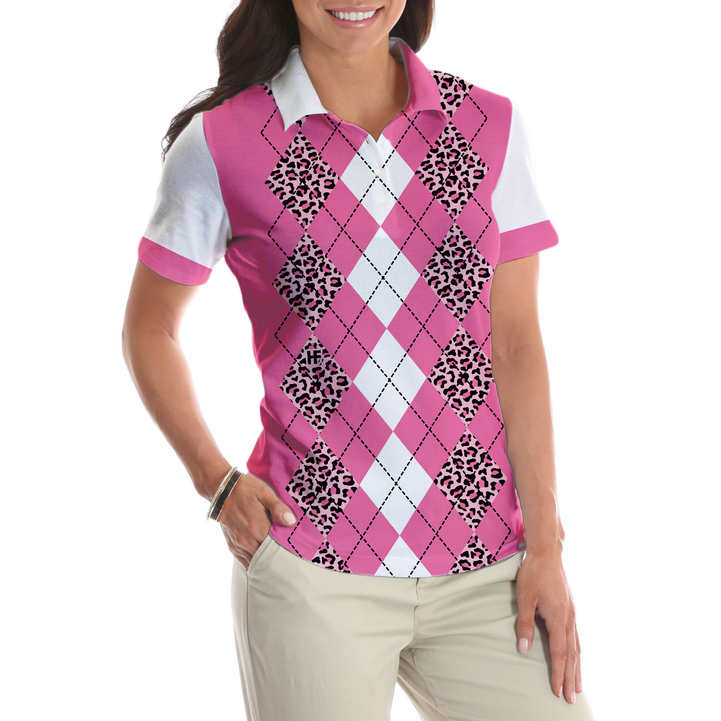 White And Pink Argyle Pattern Golf Women Polo Shirt, Are You Staring At My Putt Again Golf Short Sleeve Shirt For Ladies, Gift For Golfers