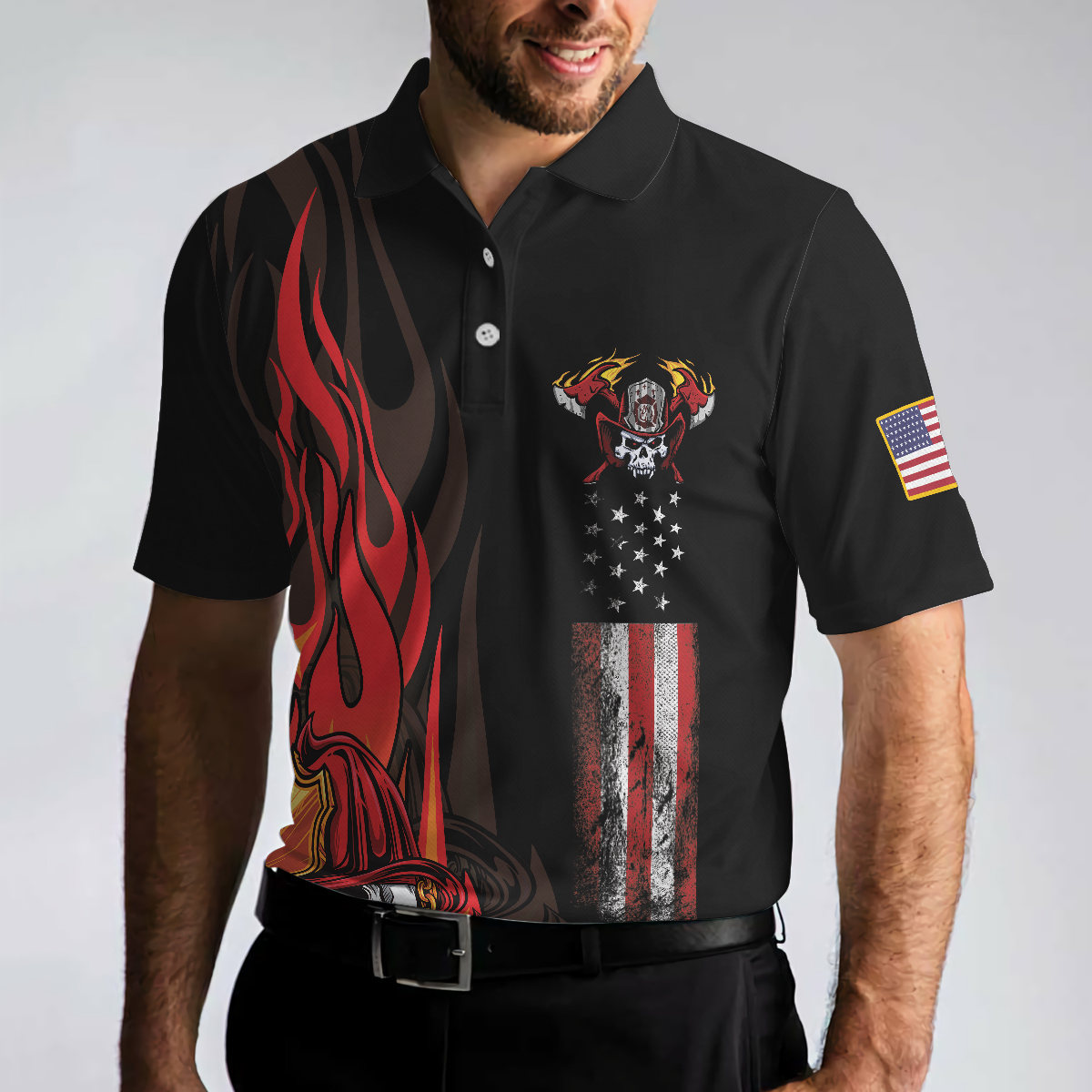 Firefighter Skull Flame Short Sleeve Men Polo Shirt, Black American Flag Firefighter Shirt For Men, Gift For Firefighter