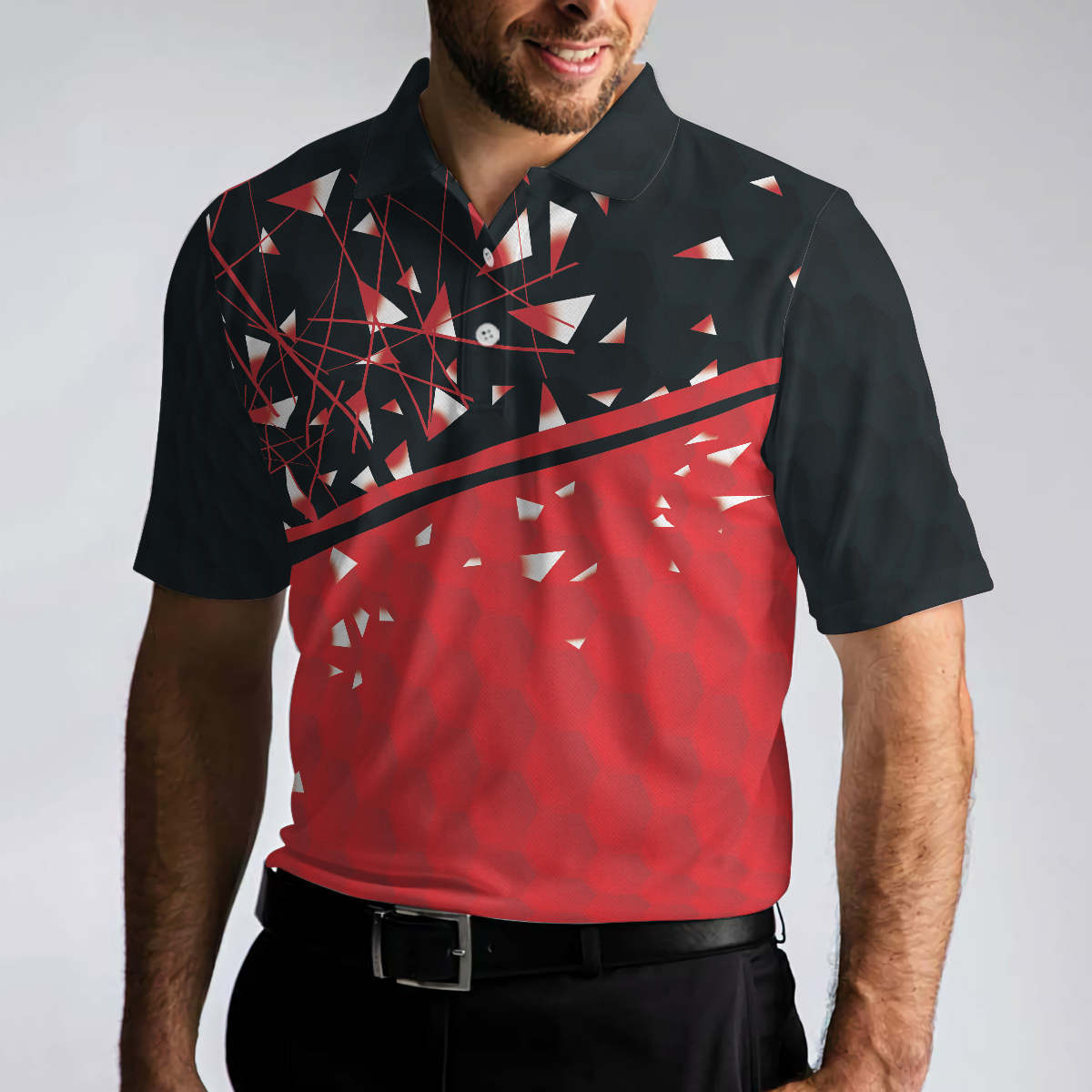 Sporty Golf Breaker Red And Black Golf Polo Shirt, Red And White Triangle Pattern Shirt Design, Best Golf Gift Idea