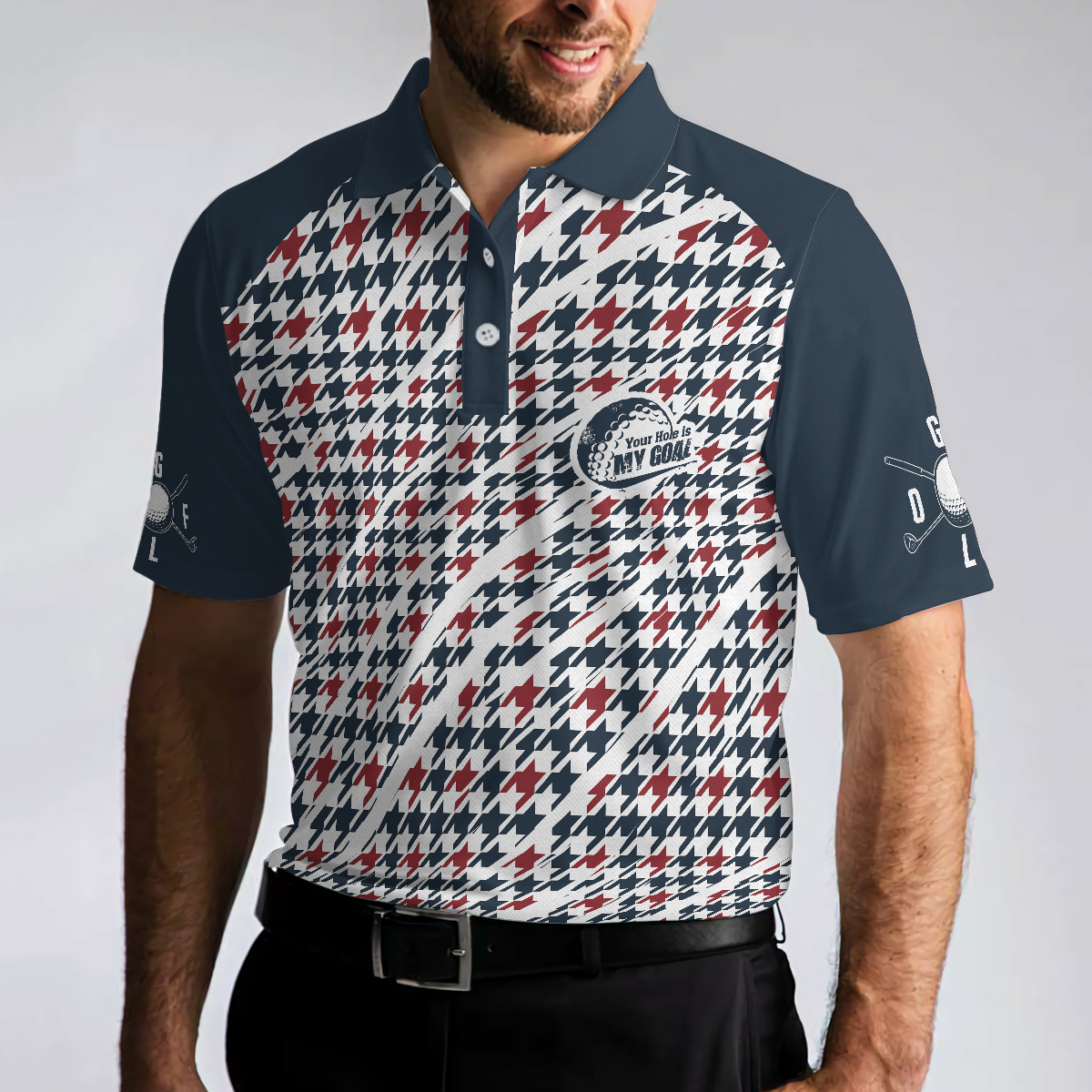 Trendy Red & Blue Houndstooth Pattern Golf Shirt, Your Hole Is My Goal Polo Shirt, Best Golf Shirt For Men - Perfect Gift For Men