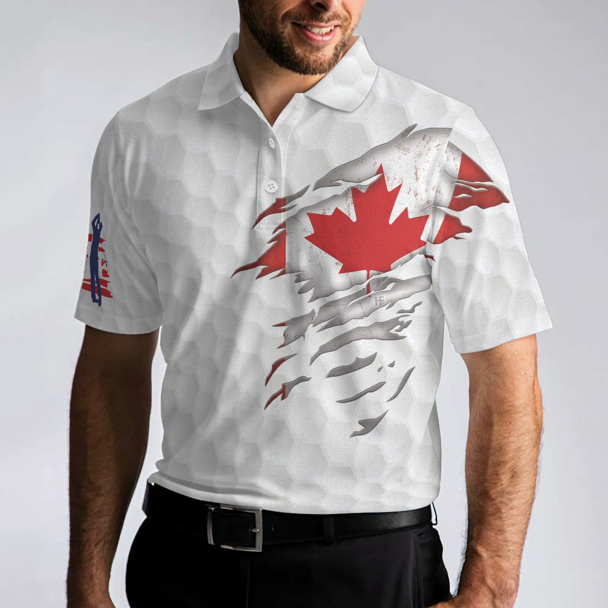 Golf Canada Flag Short Sleeve Polo Shirt, Red Maple Leaf Golfing Polo Shirt, Canadian Golf Shirt For Men