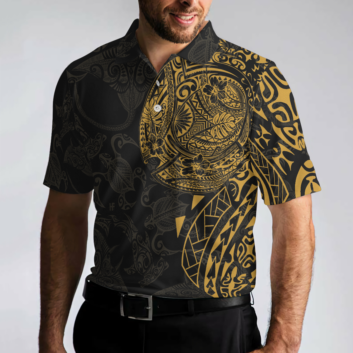 Strong And Cool Polynesian Pattern Polo Shirt, Luxury Black And Gold Shirt For Men, Sea Turtle Polo Shirt - Perfect Gift For Men