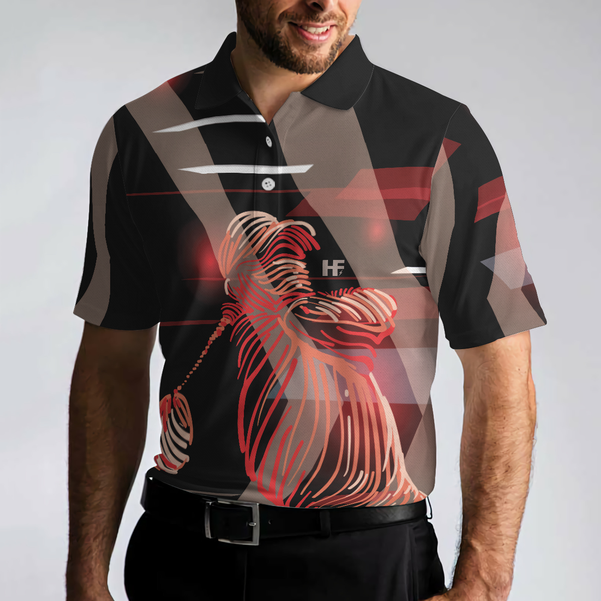Digital Golf Style Polo Shirt, Short Sleeve Black And Red Golfer Golf Shirt For Men, Best Gift For Men Golfers