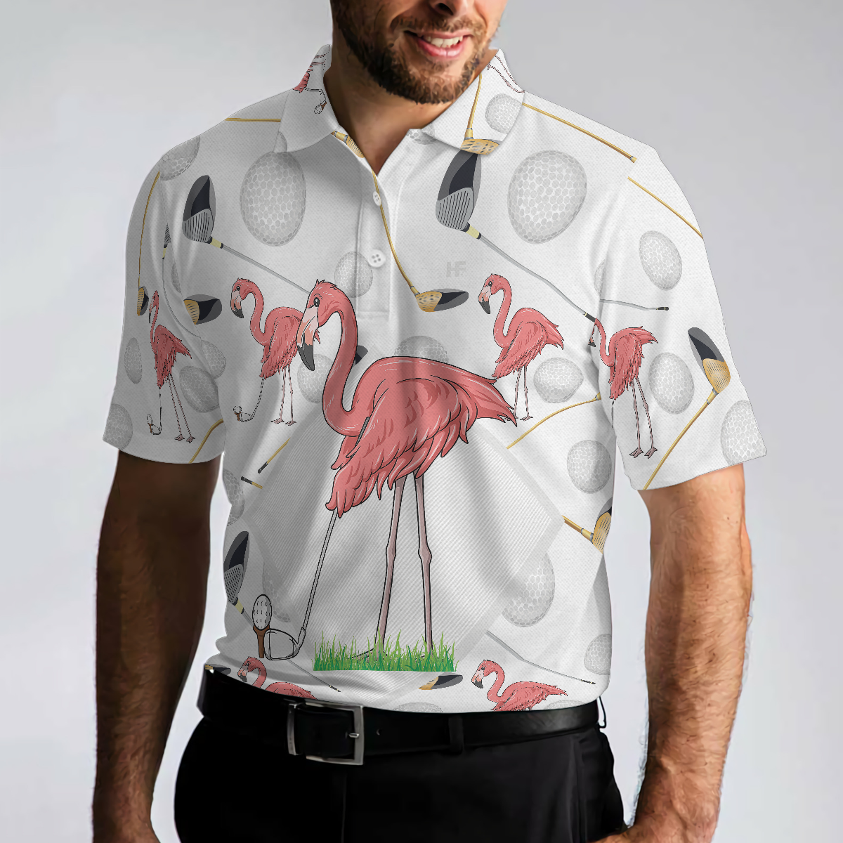 Flamingo Golfer Polo Shirt, Pink Flamingo Golf Polo Shirt, Flamingo Themed Short Sleeve Shirt For Golfers