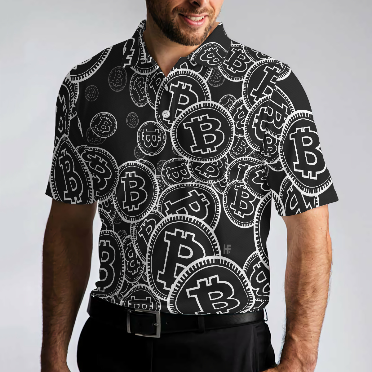 Digital Bitcoin Crypto Polo Shirt, Cool Cryptocurrency Short Sleeve Shirt, Black And White Bitcoin Polo - Gift For Men