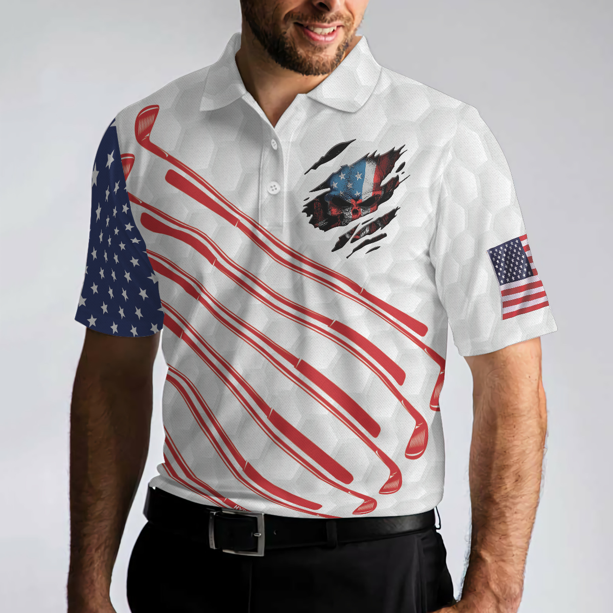 American Flag Skull White Golf Pattern Men Polo Shirt, Ripped American Flag Polo Shirt, Patriotic Golf Shirt For Men, Best Gift For Golfers