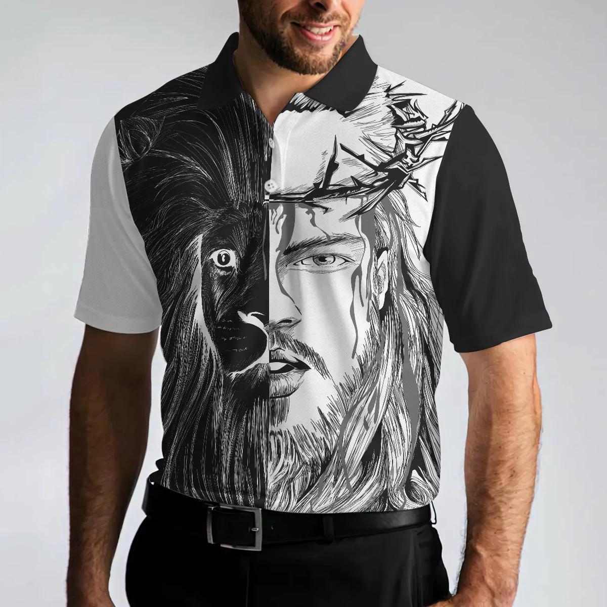 Jesus Christ Lion Contrast Art Christian Men Polo Shirt, Black And White Christian Shirt For Men, Best Shirt For Christian