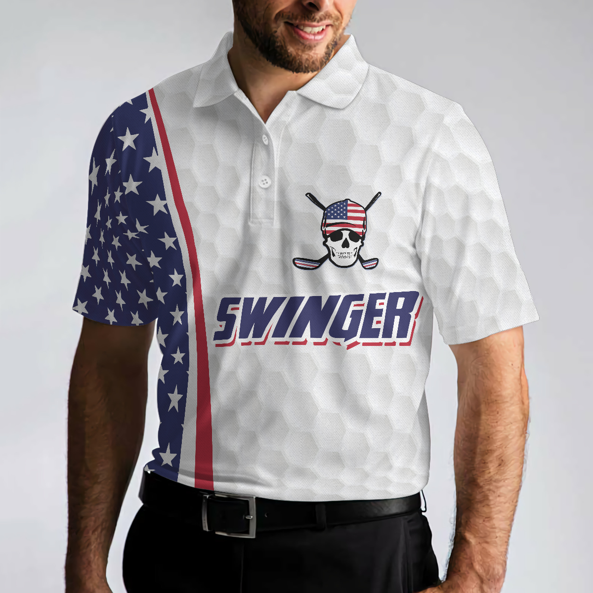Swinger Skull Golf Polo Shirt, Golf Pattern American Flag Polo Shirt, Best Golf Shirt For Men - Perfect Gift For Men, Golfers