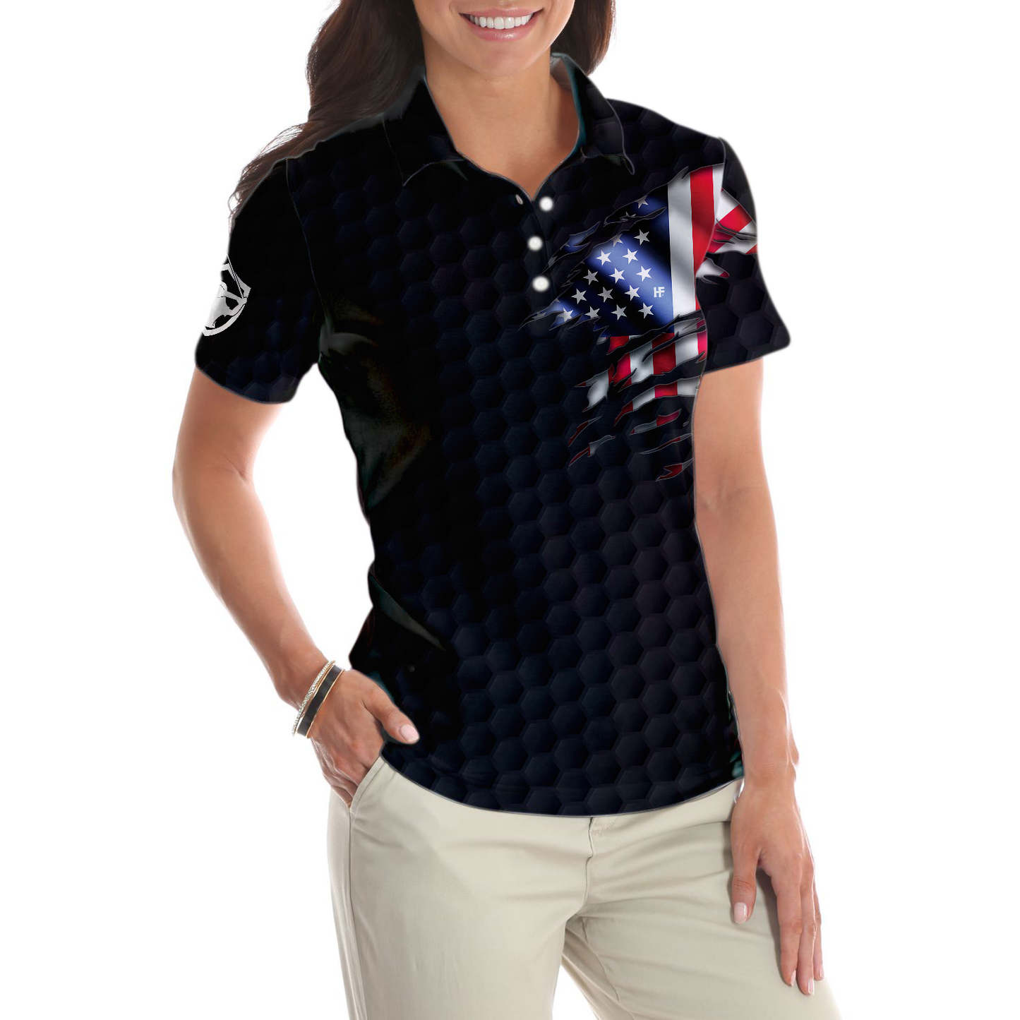 American Women Golfer Black Version Golf Short Sleeve Women Polo Shirt, American Flag Ladies Golf Shirt, Gift For Golfers