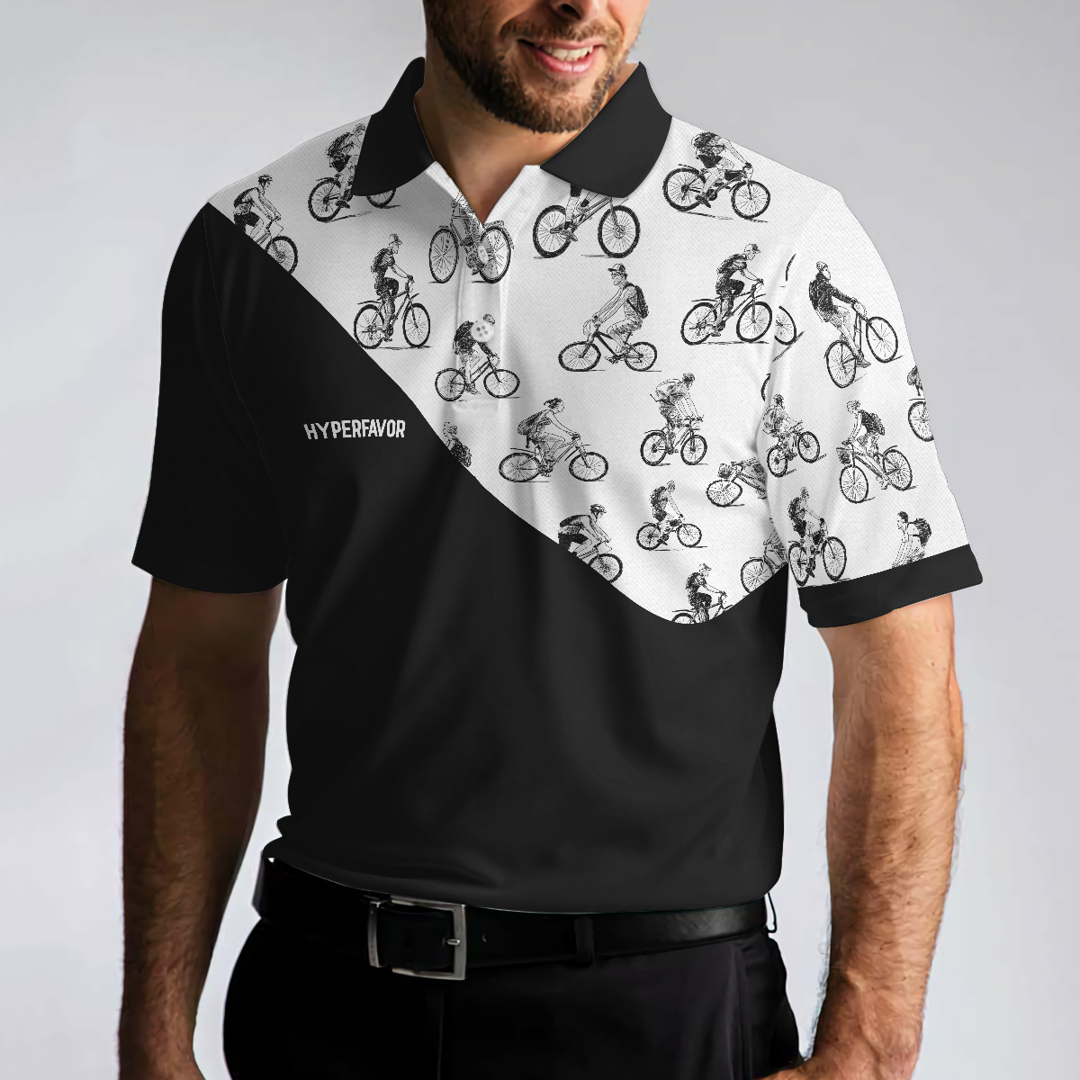 Cyclists Sketch Pattern Polo Shirt, Black And White Cycling Pattern Polo Shirt, Sporty Shirt For Cyclists