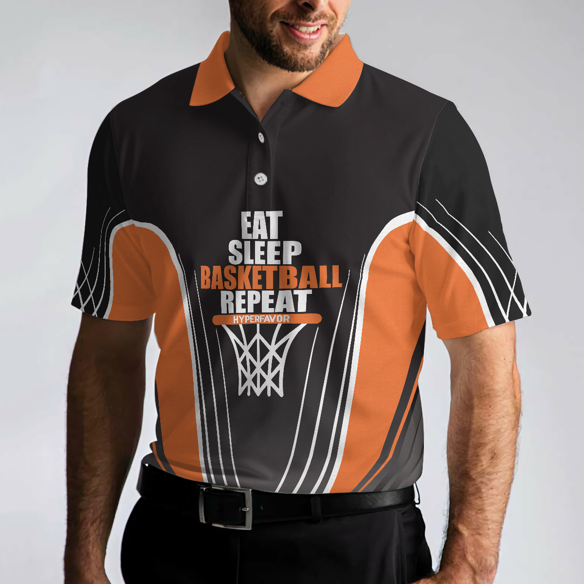 Basketball Players Eat Sleep Basketball Repeat Men Polo Shirt, Black And Orange Basketball Shirt For Basketball Fans, Gift For Basketball Lovers