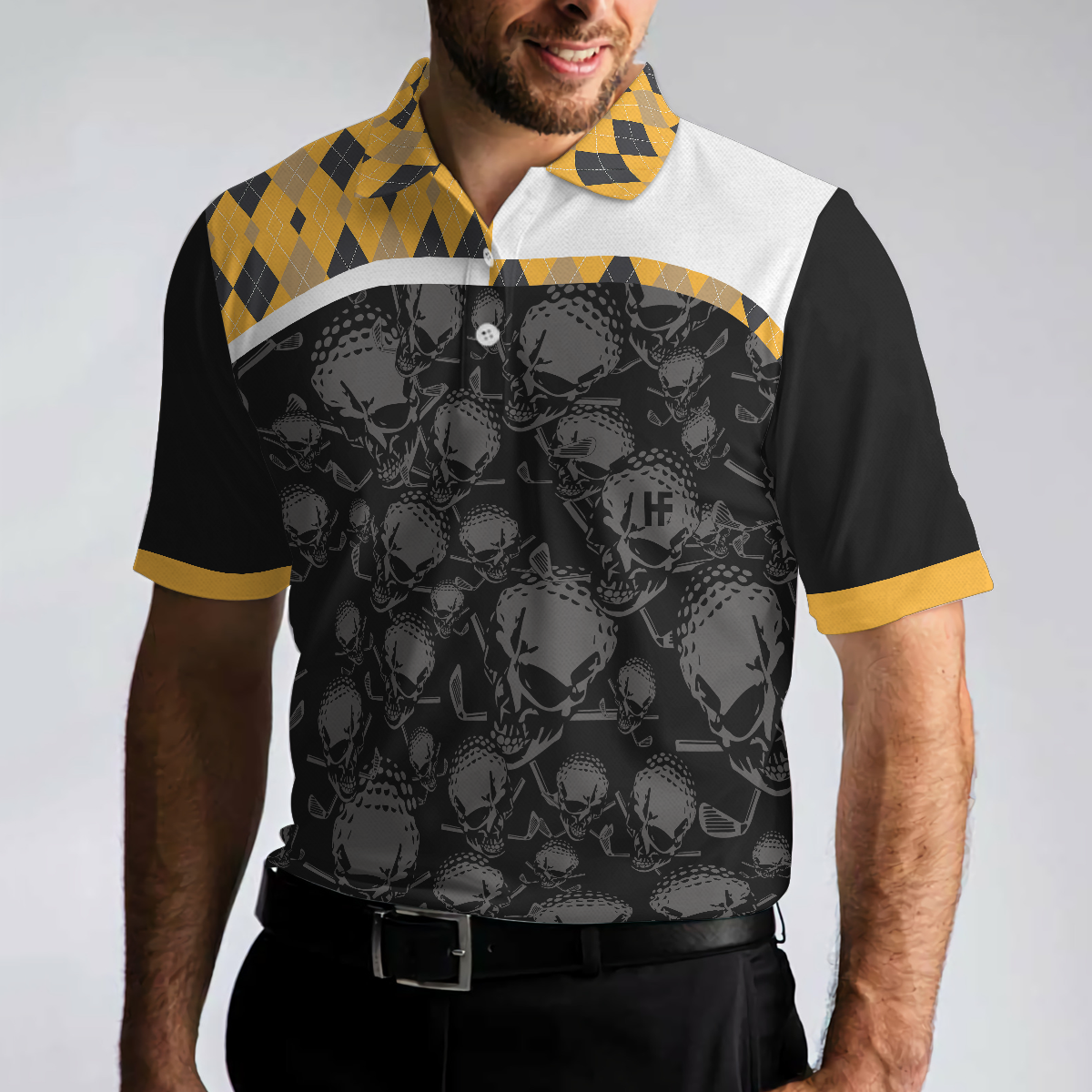 Skull Golf Men Polo Shirt, All You Need Is Beer & Golf Polo Shirt, Black And Yellow Argyle Pattern Golf Shirt For Men, Gift For Beer & Golf Lovers