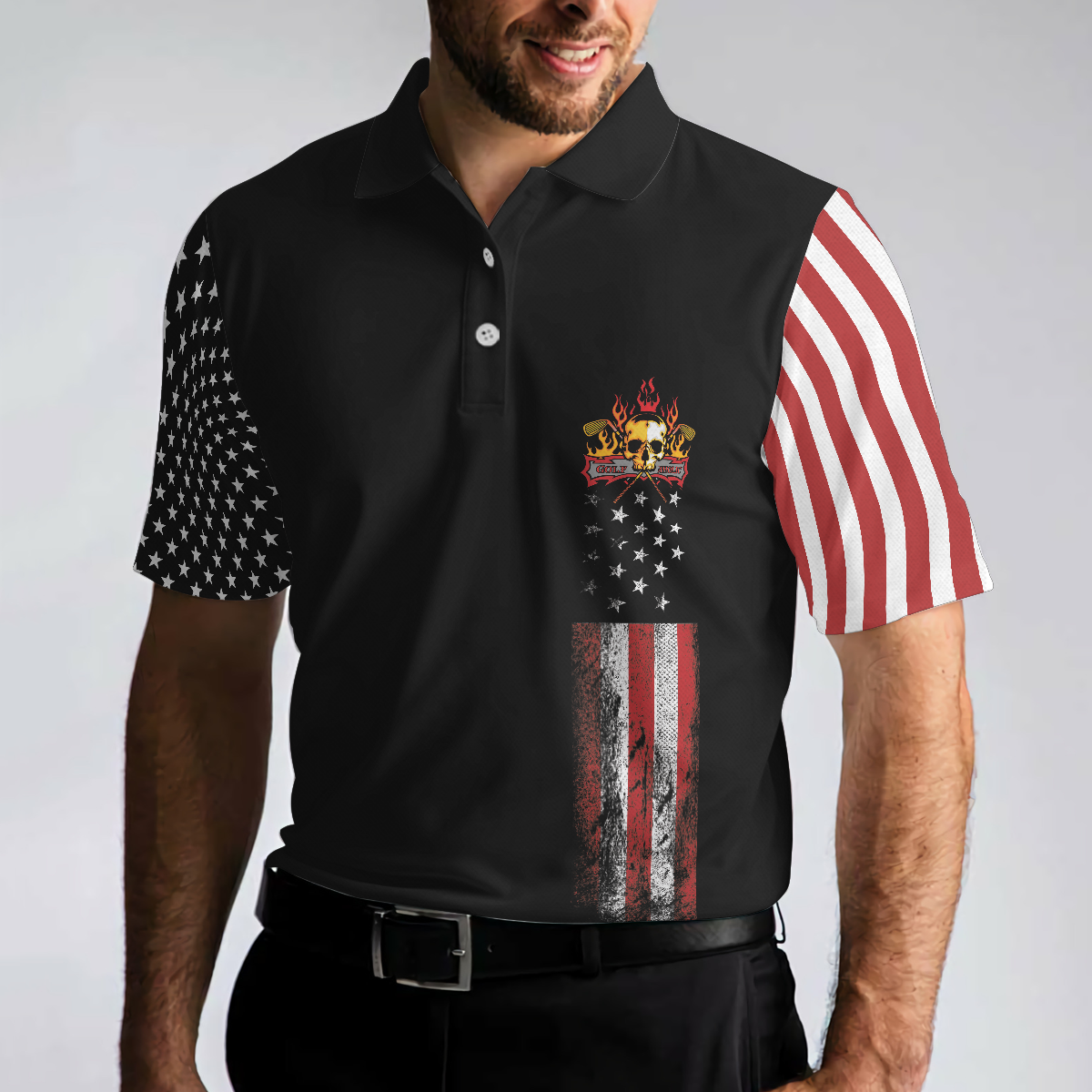 American Flag and Skull Men Polo Shirt, Skull Golf Polo Shirt, Dark Theme American Flag Polo Shirt, Best Golf Shirt For Men