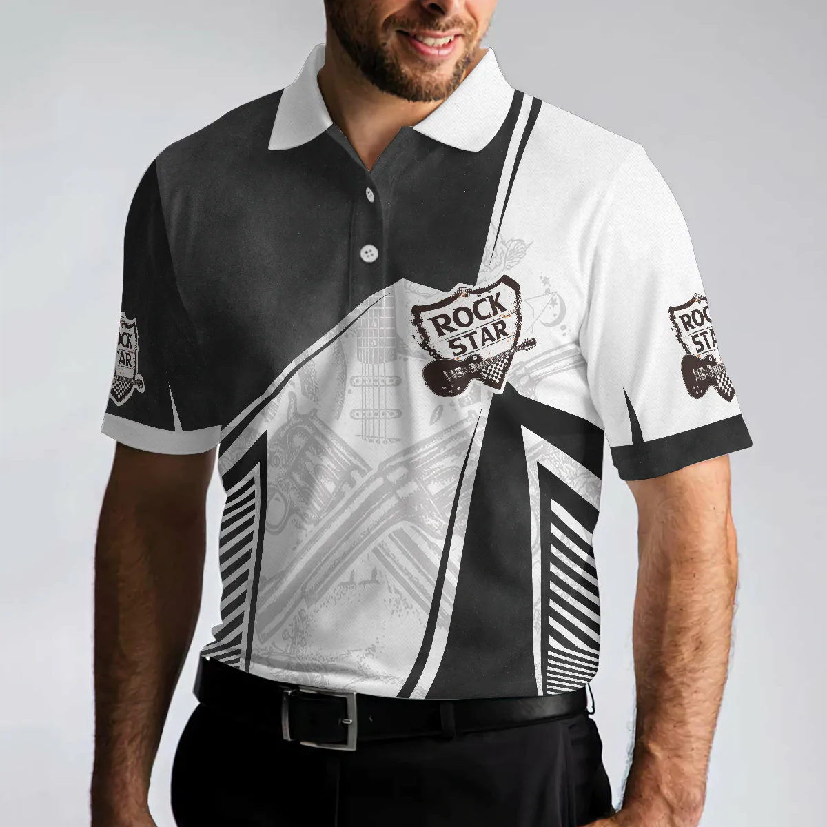 Black And White Guitar Men Polo Shirt, Let's Rock Freedom Of Life Old School Guitar Short Sleeve Shirt For Male