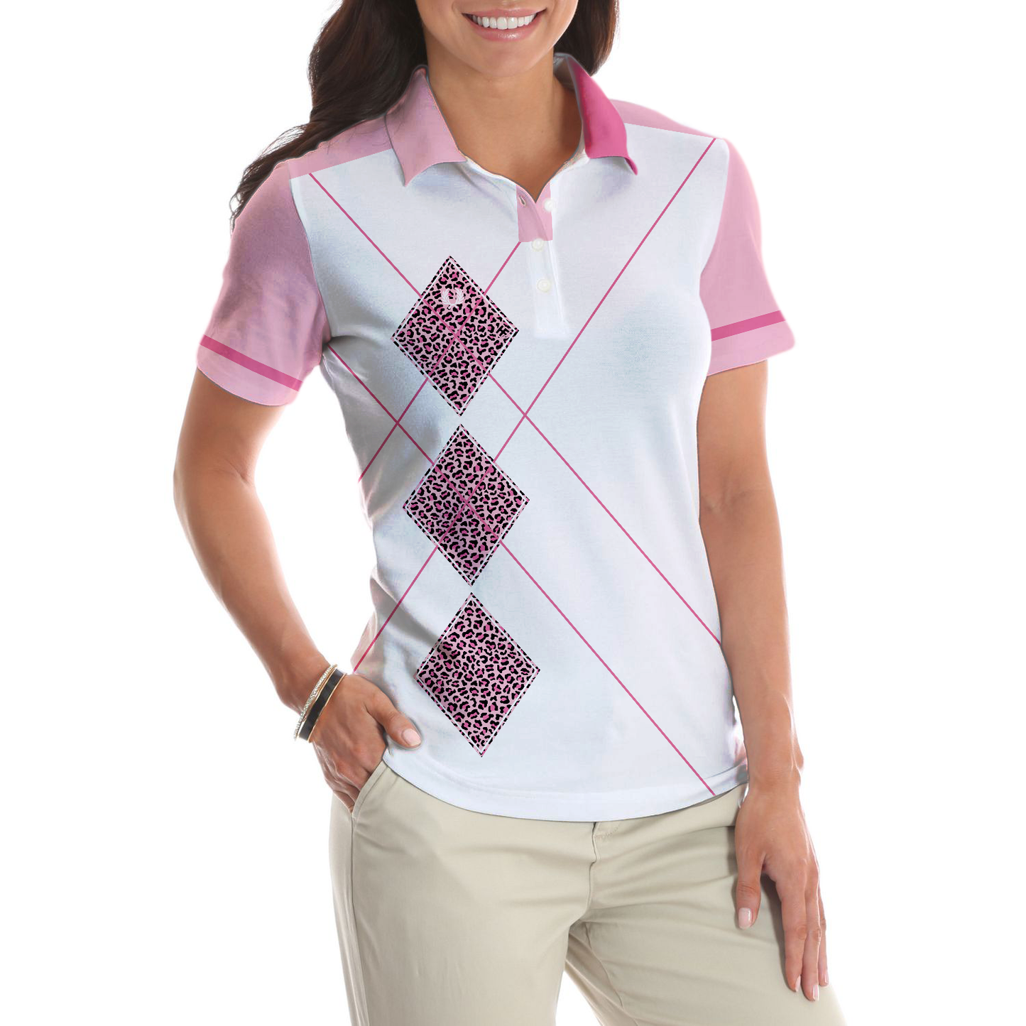Leopard Argyle Style Golf Short Sleeve Women Polo Shirt, Golfing Forever Housework Whenever Polo Shirt, Unique Female Golf Gift, Best Gift For Golfers