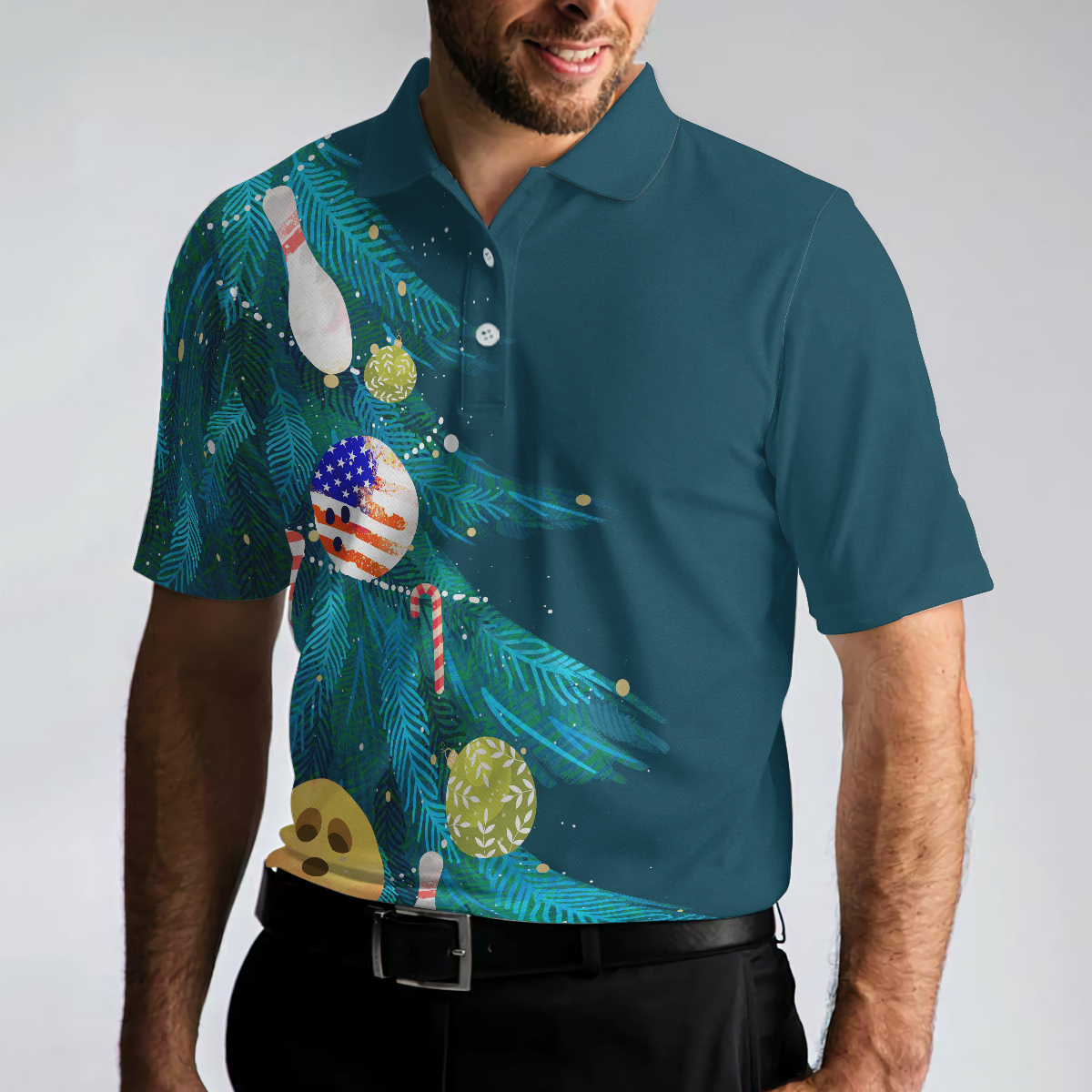 Bowling Men Polo Shirt - Christmas Tree Decorations with Bowling Men Polo Shirts, American Flag Polo Shirt For Men - Perfect Gift For Friend, Family, Bowling Lovers