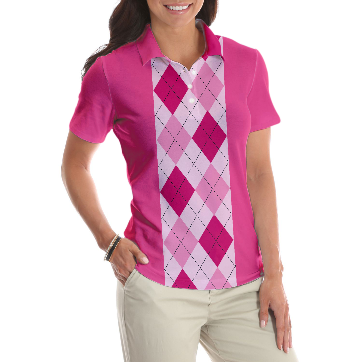 Pink Argyle Pattern Golf Women Polo Shirt, Anytime Is A Good Time For Golf Short Sleeve Shirt For Female Golfers, Gift For Golfers