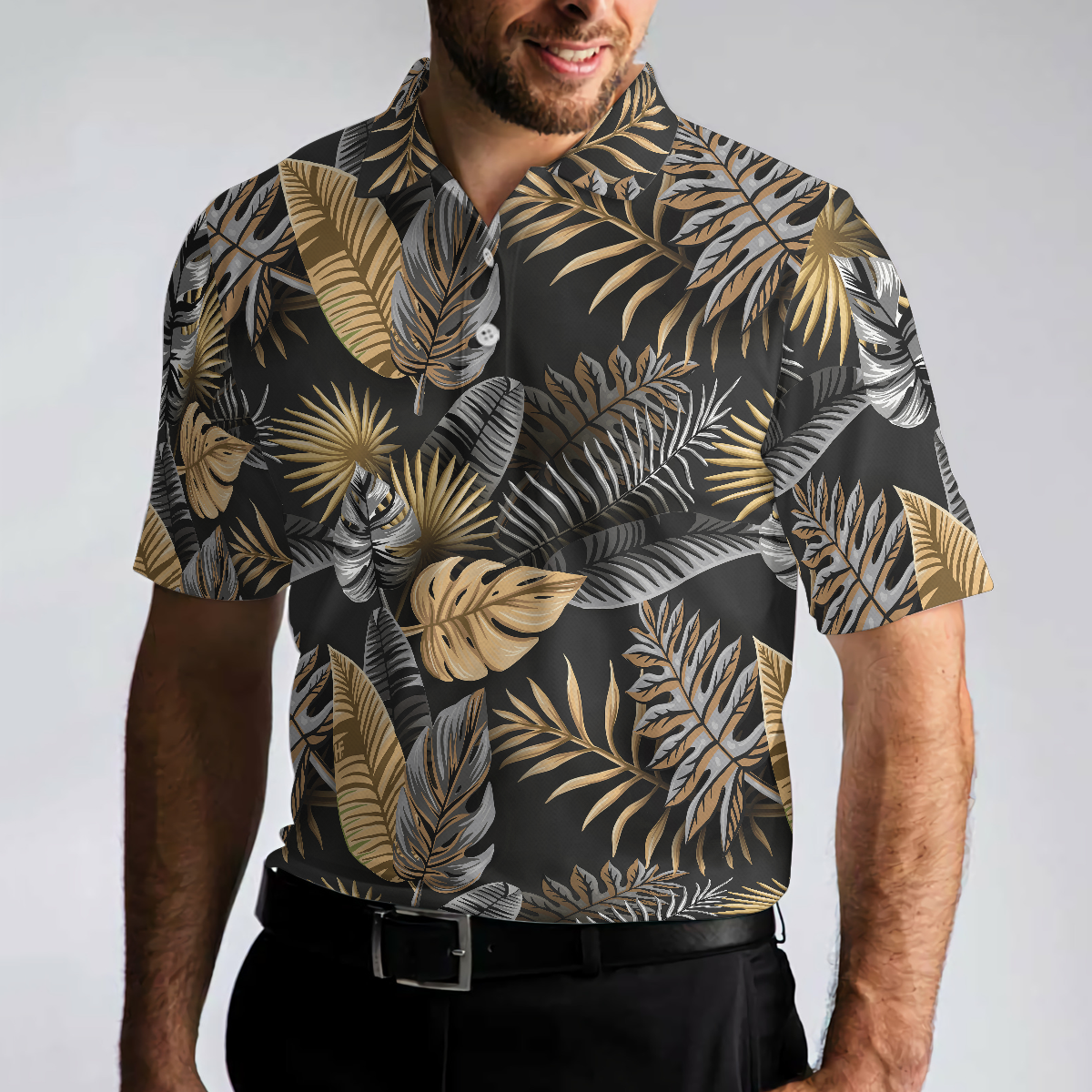 Seamless Luxury Tropical Pattern Golf Polo Shirt, Black And Gold Best Floral Golf Shirt For Men - Perfect Gift For Men, Golfer