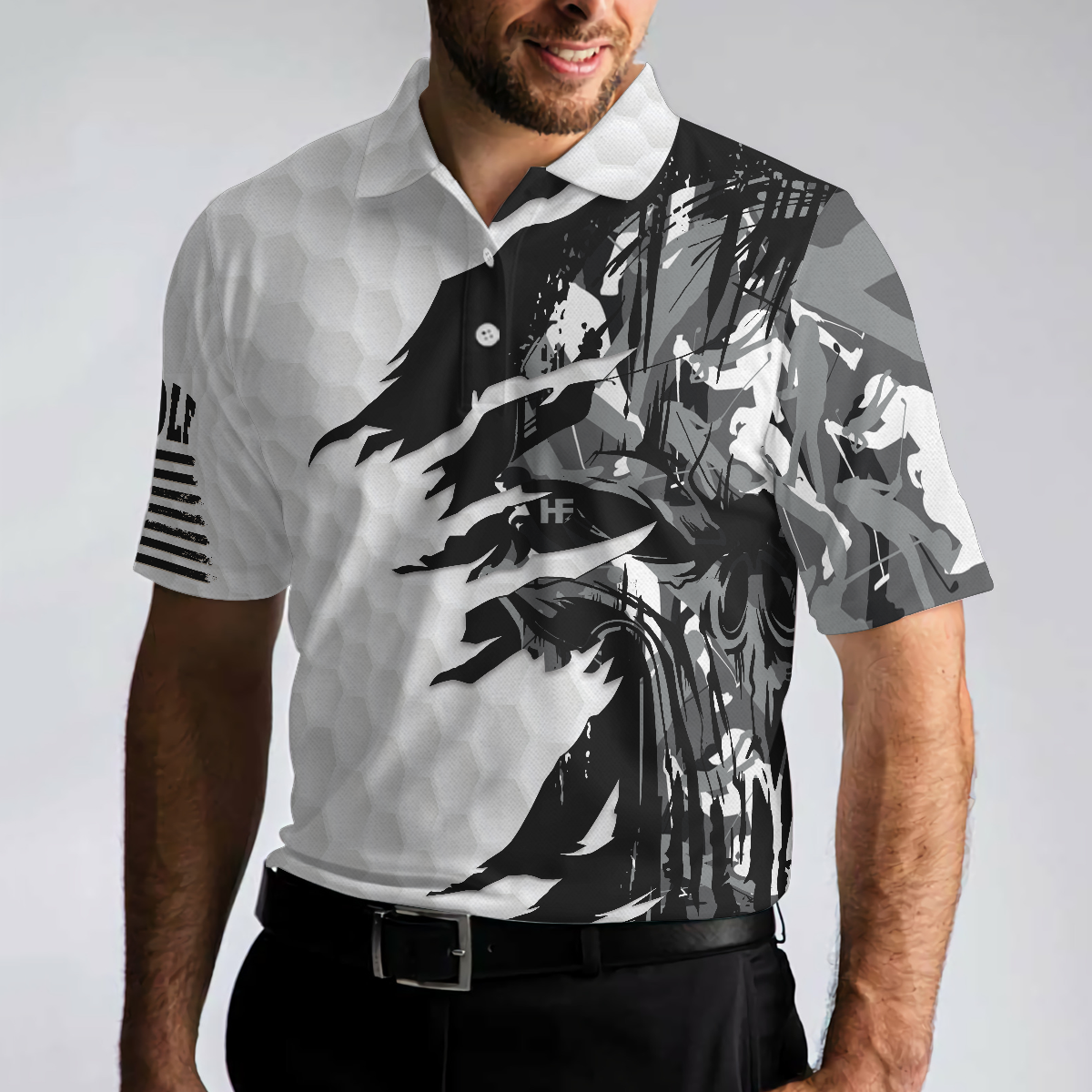 Men Polo Shirt - Black & White Ripped Vintage Golfing Clubs Skull Camouflage Polo Shirt, American Flag Polo Shirt, Camo Golf Shirt For Men