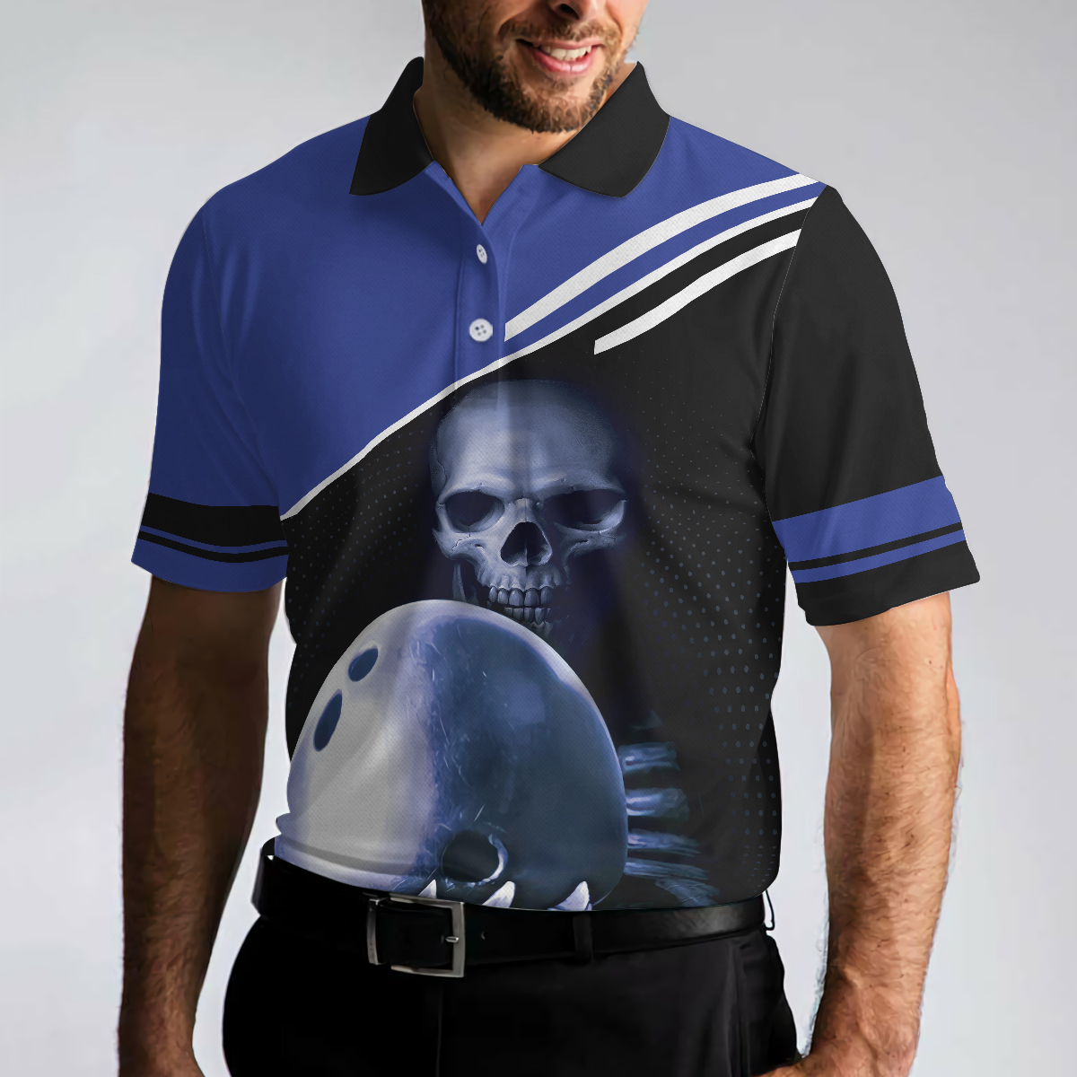 Skull Bowling Polo Shirt, Satanic Skeleton Bowler Bowling Shirt For Men - Perfect Gift For Men, Halloween, Bowling Players