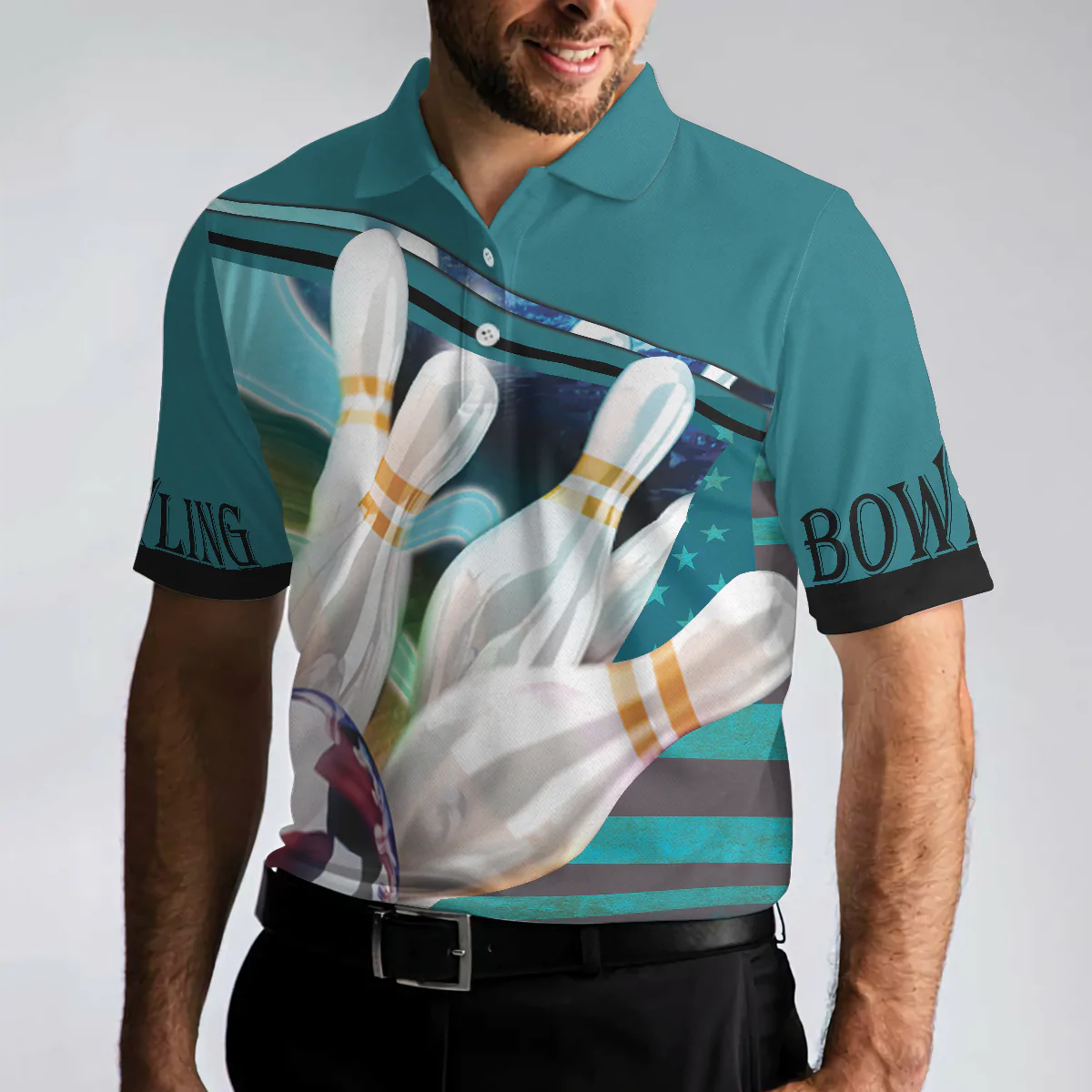 Men Polo Shirt - Love Bowling Polo Shirt - Gift For bowling player - Blue American Flag Bowling Shirt For Men