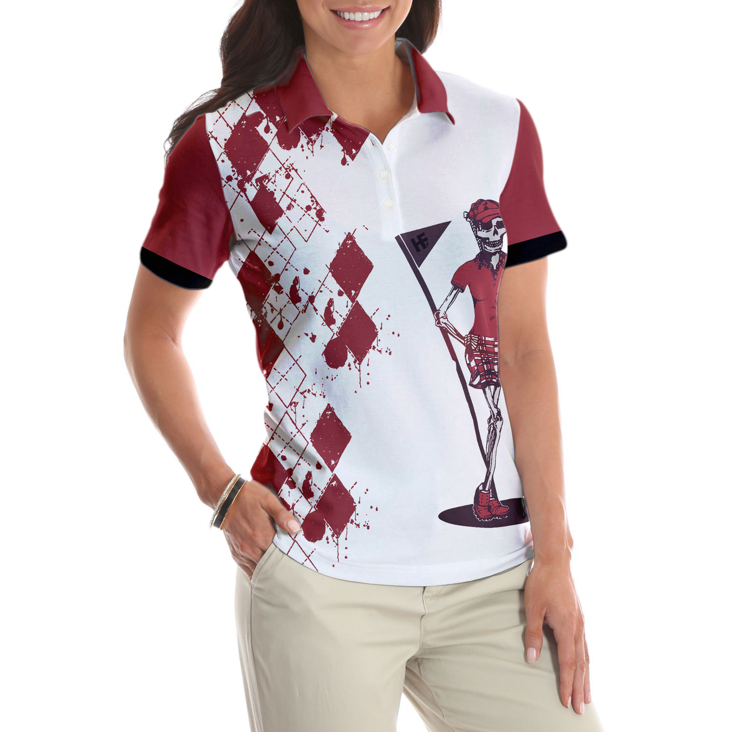 Golf And Wine Skeleton Argyle Pattern Short Sleeve Women Polo Shirt, Let's Golf Nine And Drink Wine Polo Shirt For Ladies
