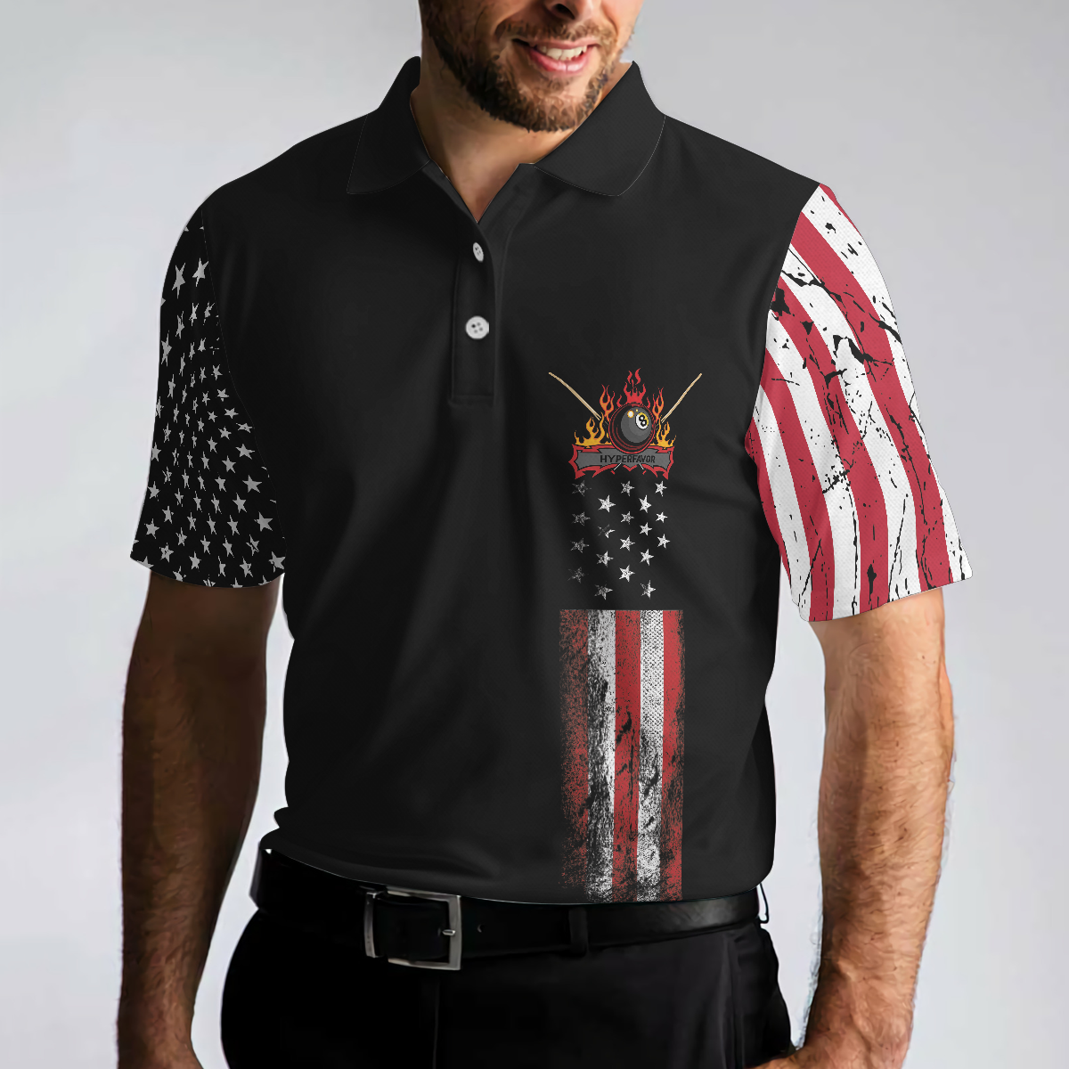 Men Polo Shirt - Billiards Eagle American Flag Black Polo Shirt - 8-ball Black Theme Polo Shirt, Best Billiards Shirt For Men