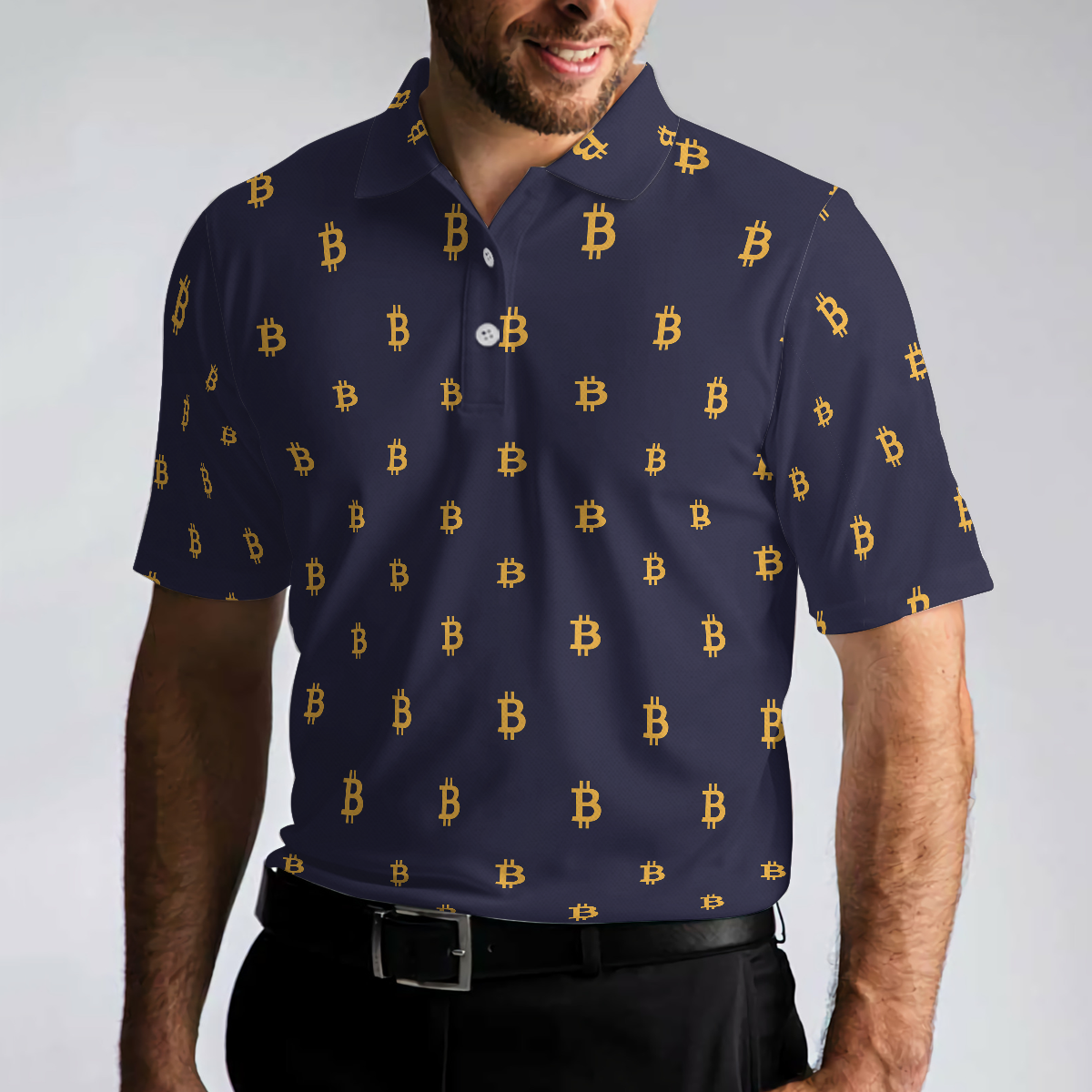 Seamless Pattern Sign Bitcoin Polo Shirt, Navy Blue And Gold Polo Shirt, Best Cryptocurrency Shirt For Men - Perfect Gift For Men, Golfer