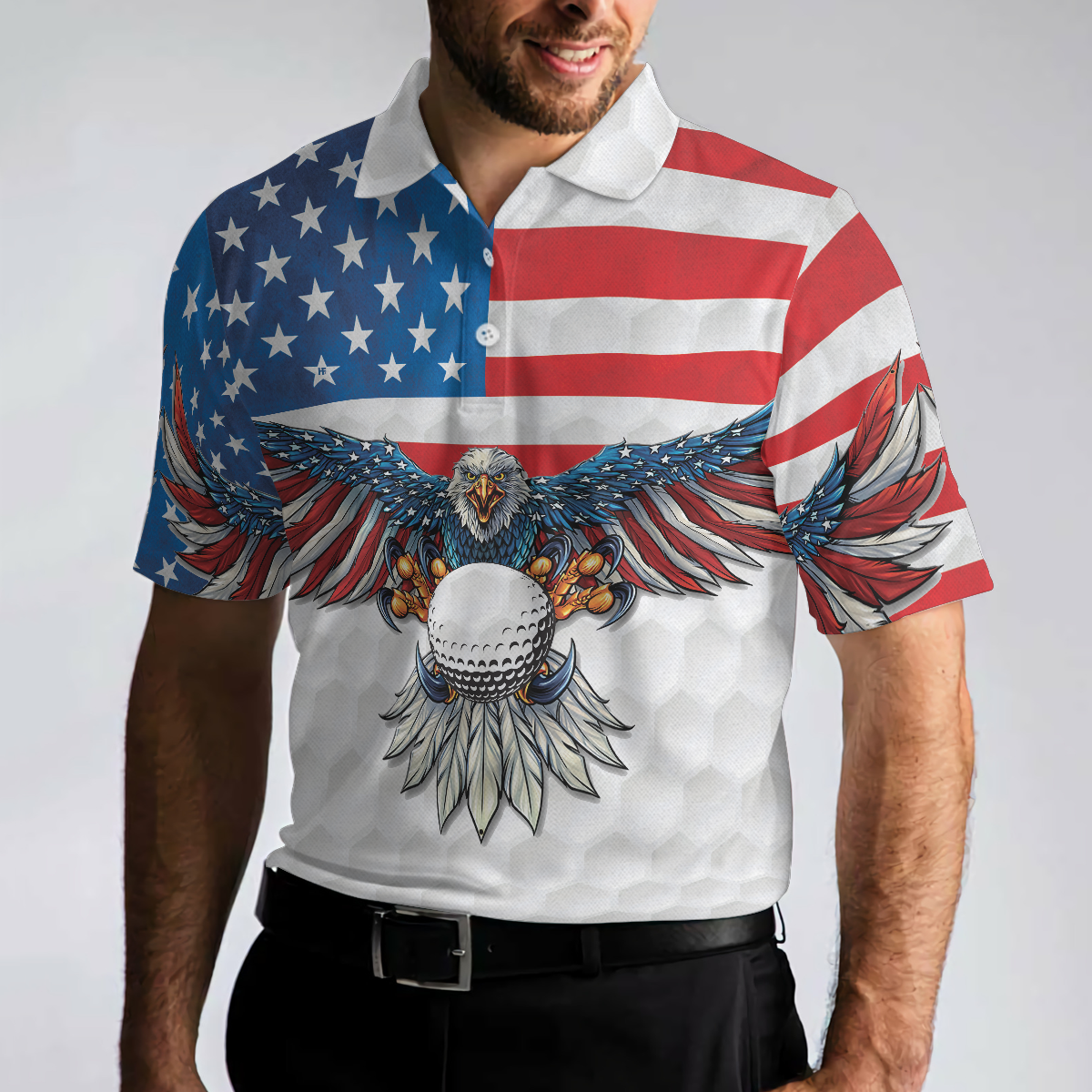Golf American Flag Eagle Men Polo Shirt, White Golf Texture American Flag Polo Shirt, Patriotic Golf Shirt For Men, Best Gift For Golfers