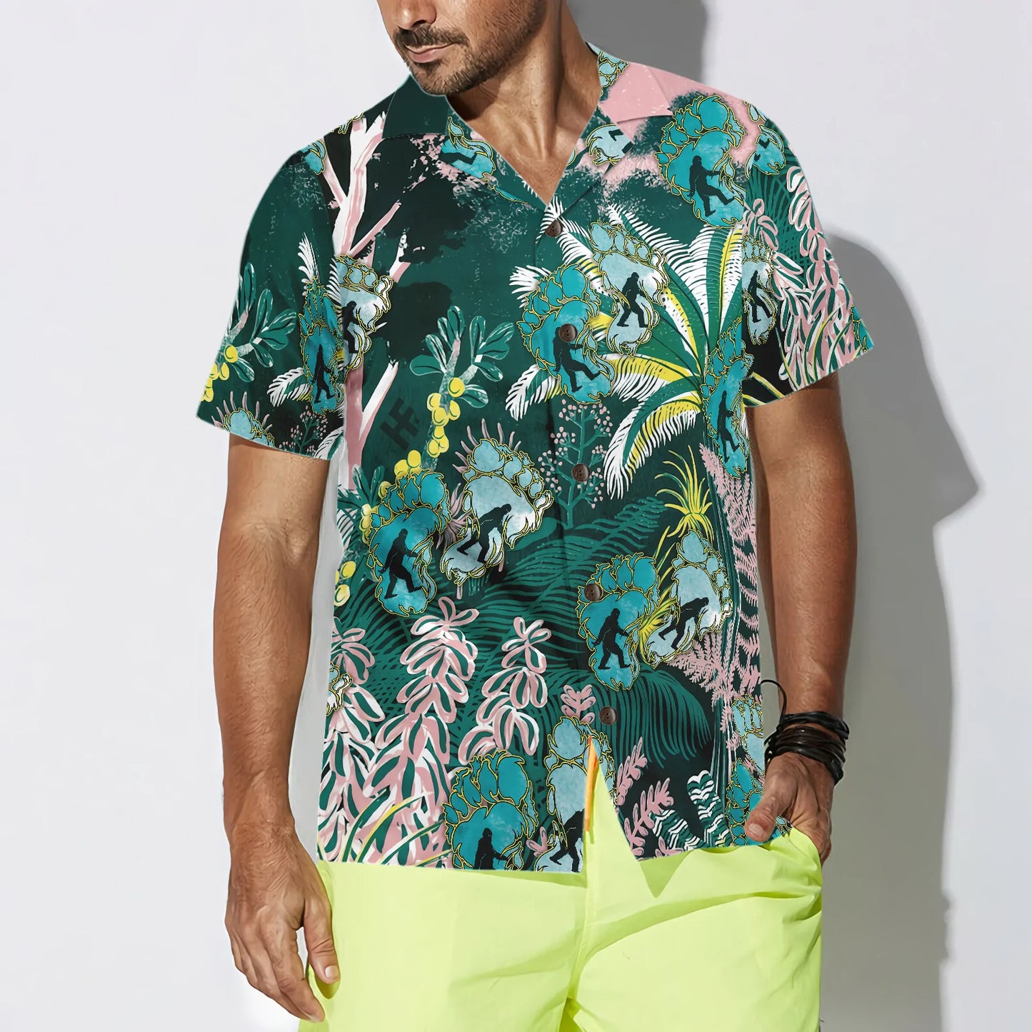 Tropical Forest Bigfoot Hawaiian Shirt, Tropical Floral And Leaves Bigfoot Shirt For Men, Aloha Tropical Summer Leaves Shirt For Men, Perfect Gift For Summer Tropical Lovers, Friends, Husband, Boyfriend, Family