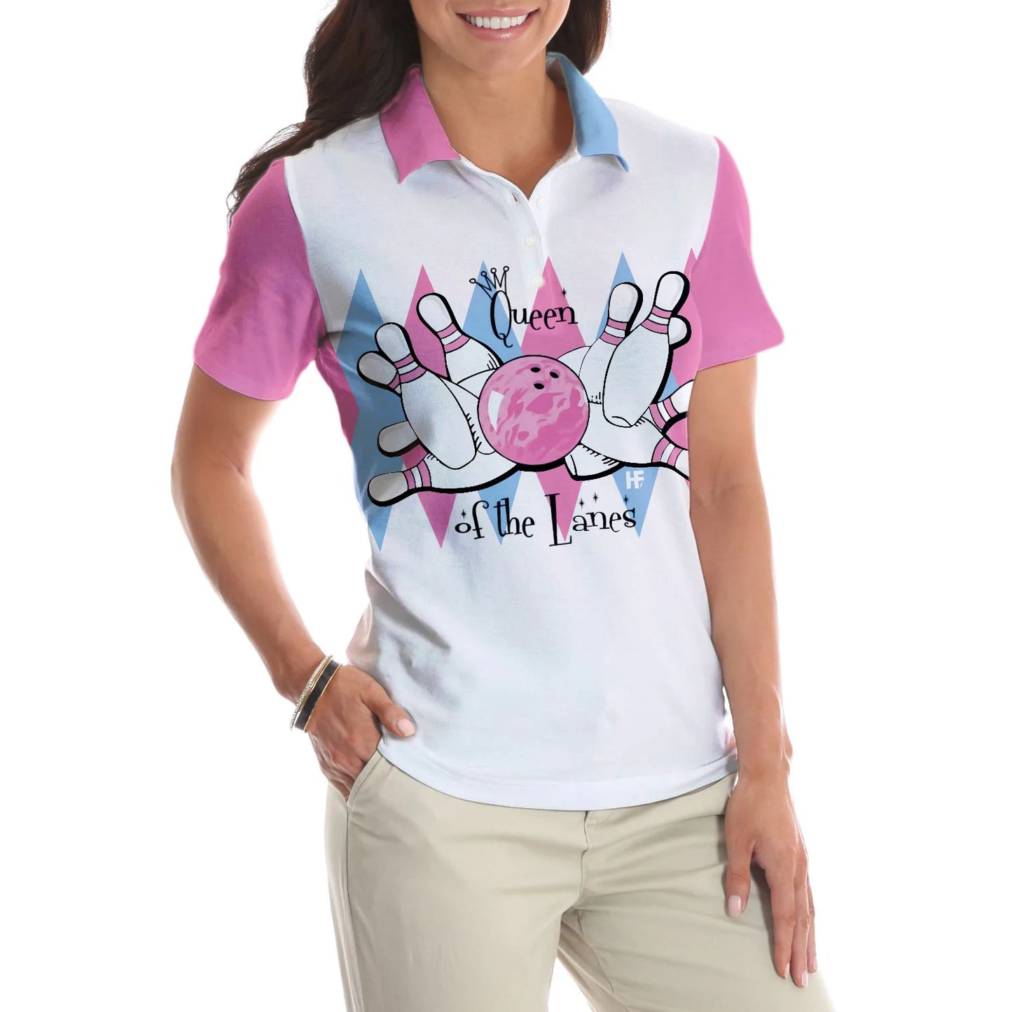 Queen Of The Lanes Pink And Blue Bowling Short Sleeve Women Polo Shirt, Bowling Shirt For Ladies - Best Bowling Gift For Women