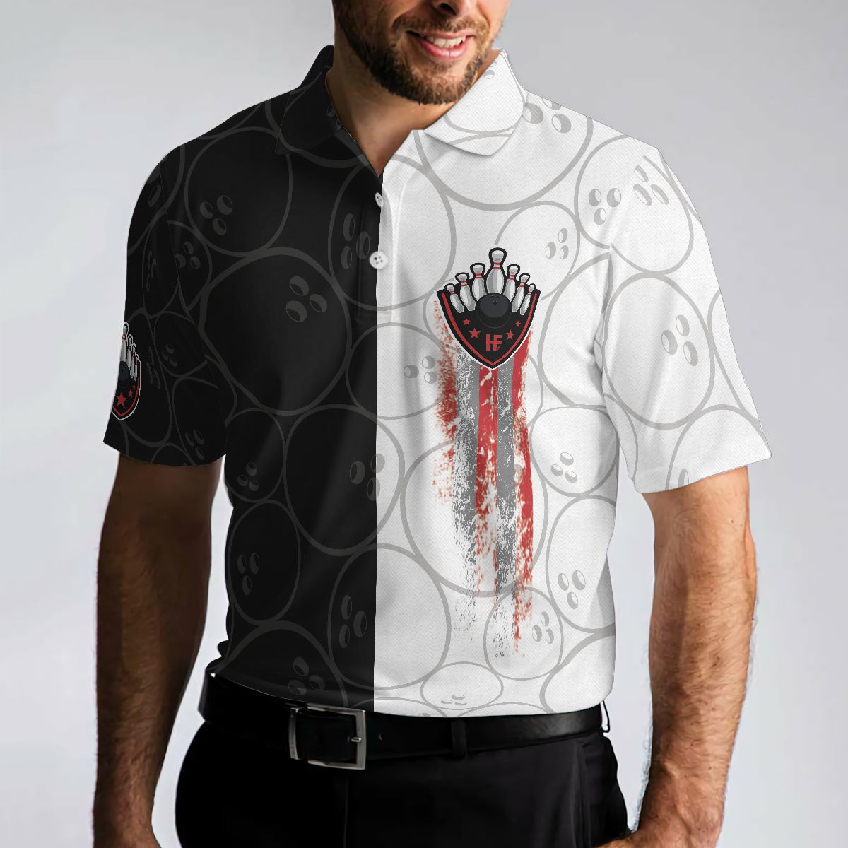 Men Polo Shirt - Bowling Black And White Pattern Short Sleeve Polo Shirt, Bowling Ball Polo Shirt, Best Bowling Shirt For Men