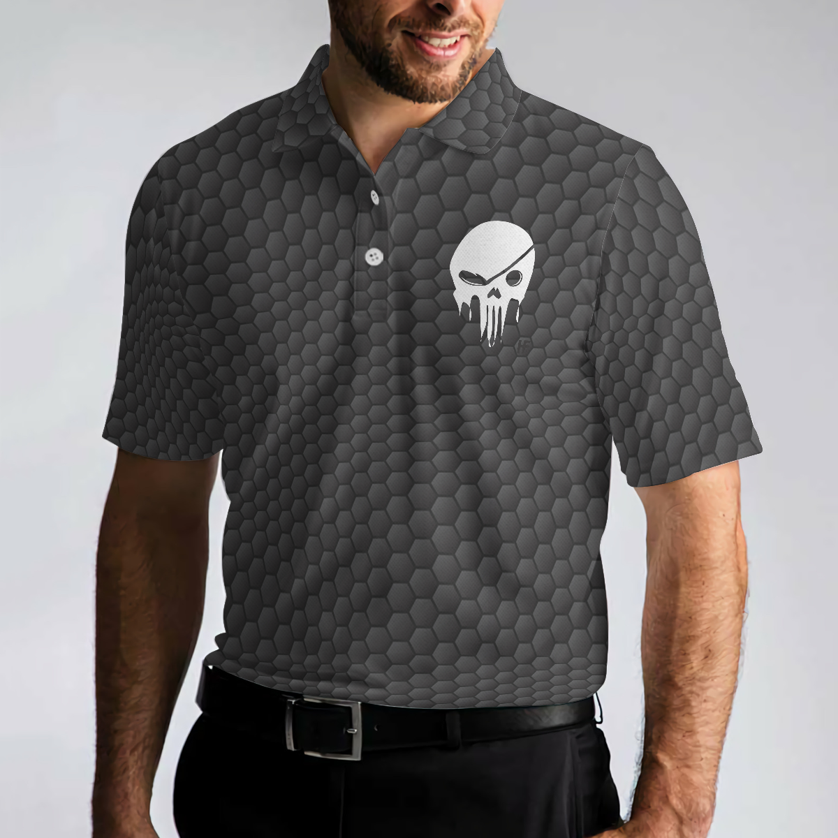 Golf Some Grandpas Polo Shirt, Black Golf Seamless Pattern Skeleton Golfer Skull Golf Shirt For Men