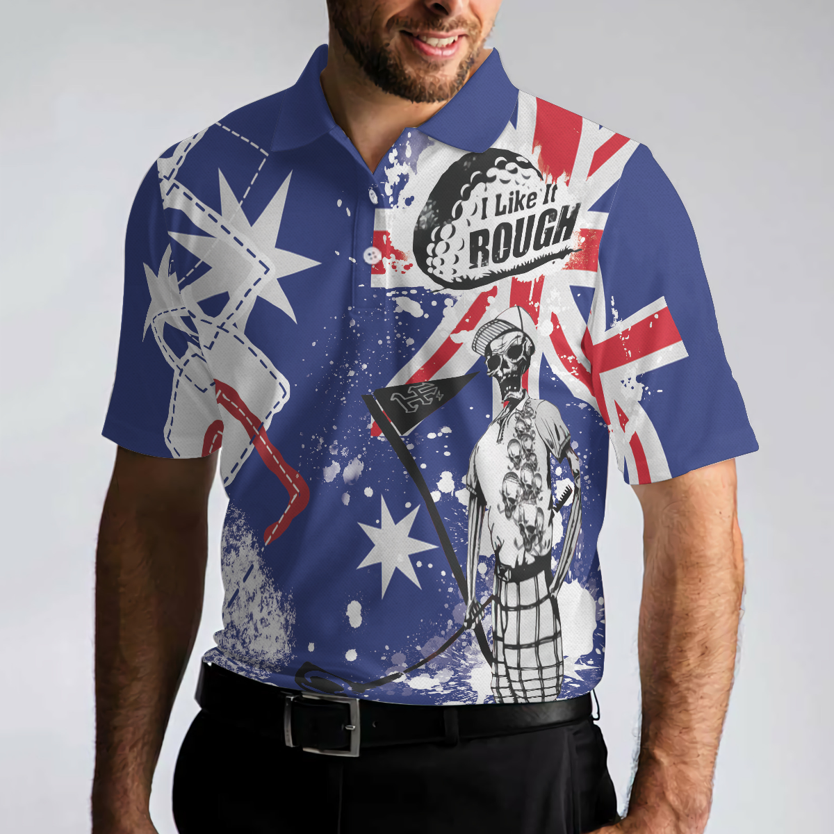 Argyle Pattern Skeleton Golfing Men Polo Shirt, Golf I Like It Rough Australian Flag Polo Shirt, Funny Golf Shirt For Men