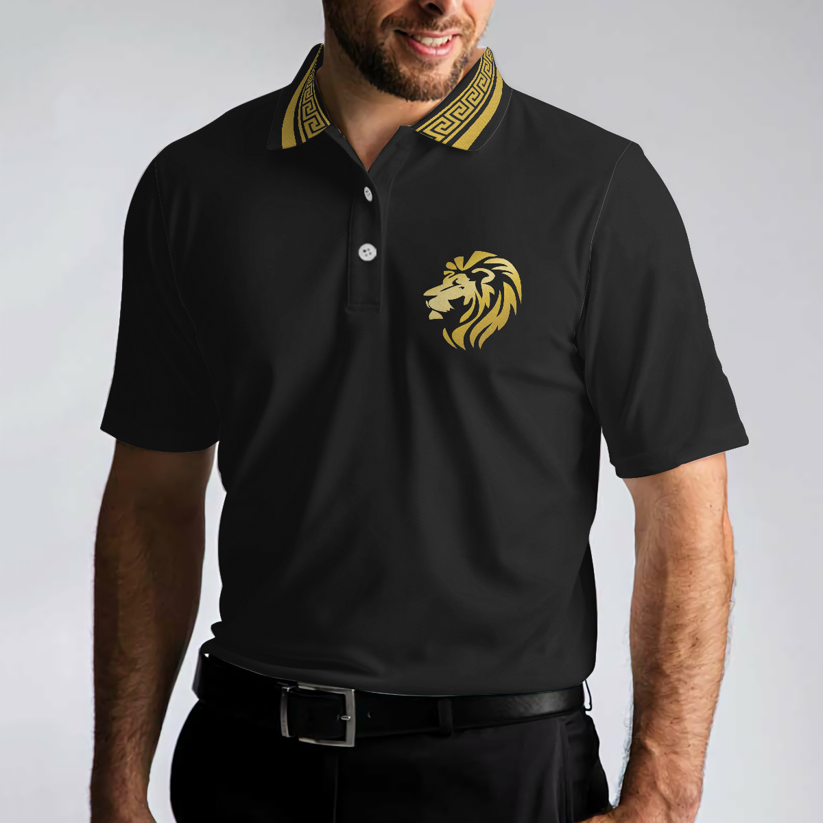 Golf Crusader King Lion Men Polo Shirt, Luxury Baroque Pattern Polo Shirt For Golf, Best Golf Shirt For Men