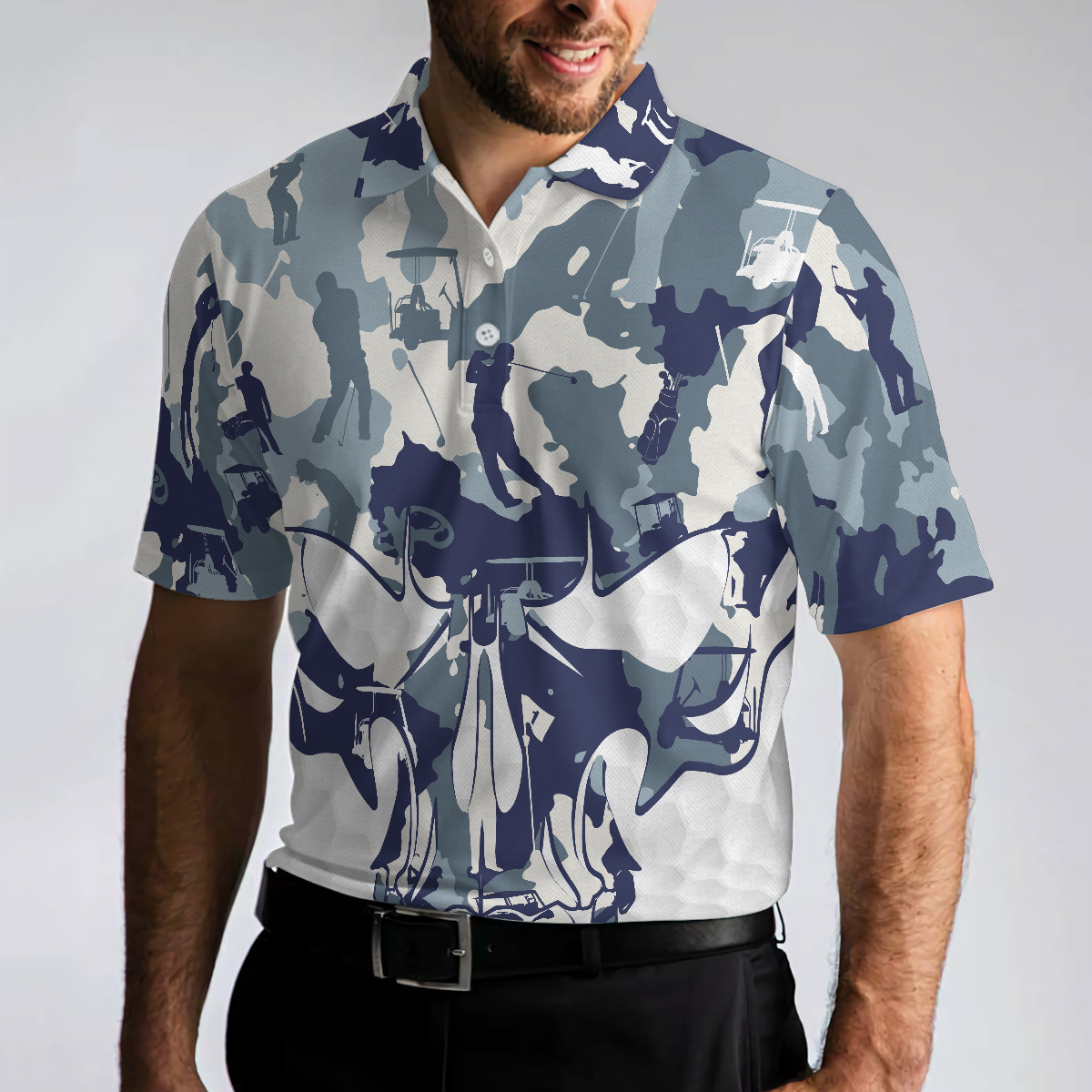 Men Polo Shirt - Blue And White Camouflage Golf Set Short Sleeve Skull Golf Polo Shirt, Best Camo Golf Shirt For Men