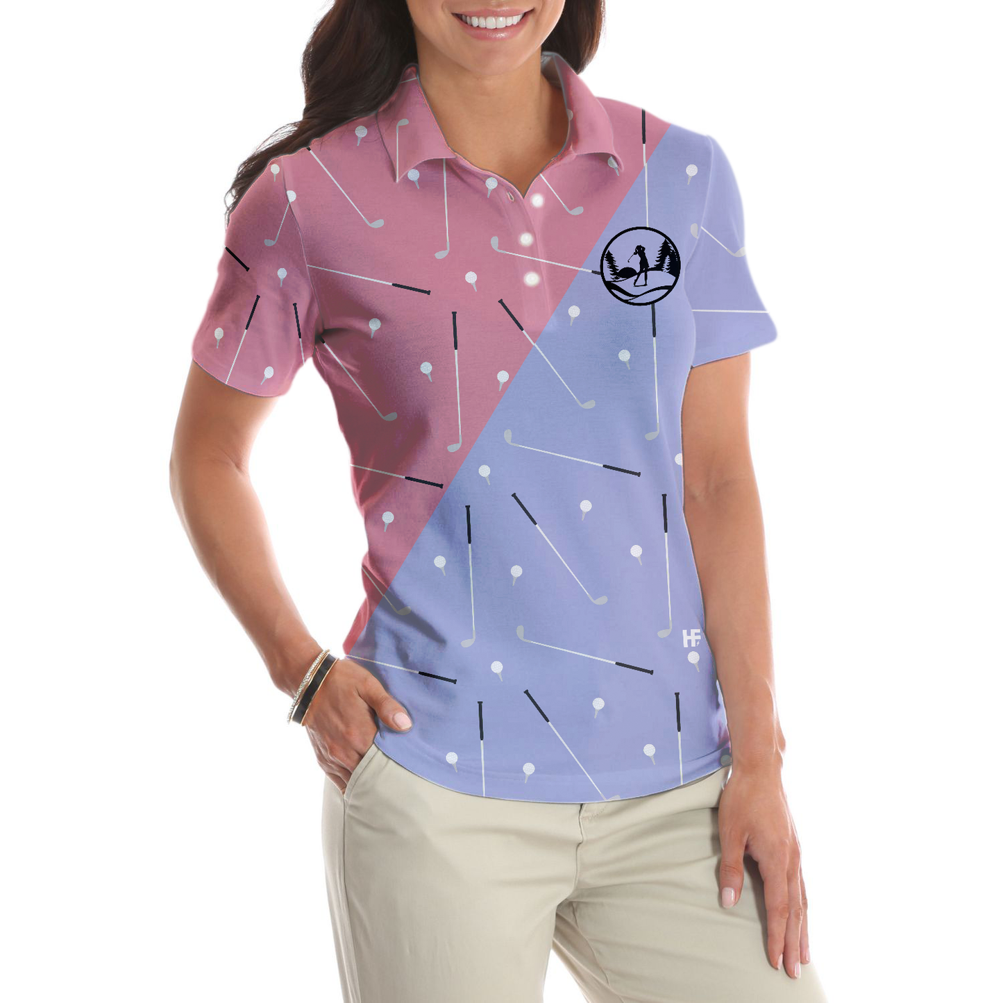 Elegant Golf Girl Seamless Pattern Short Sleeve Women Polo Shirt, Golf Shirt For Ladies, Unique Female Golf Gift